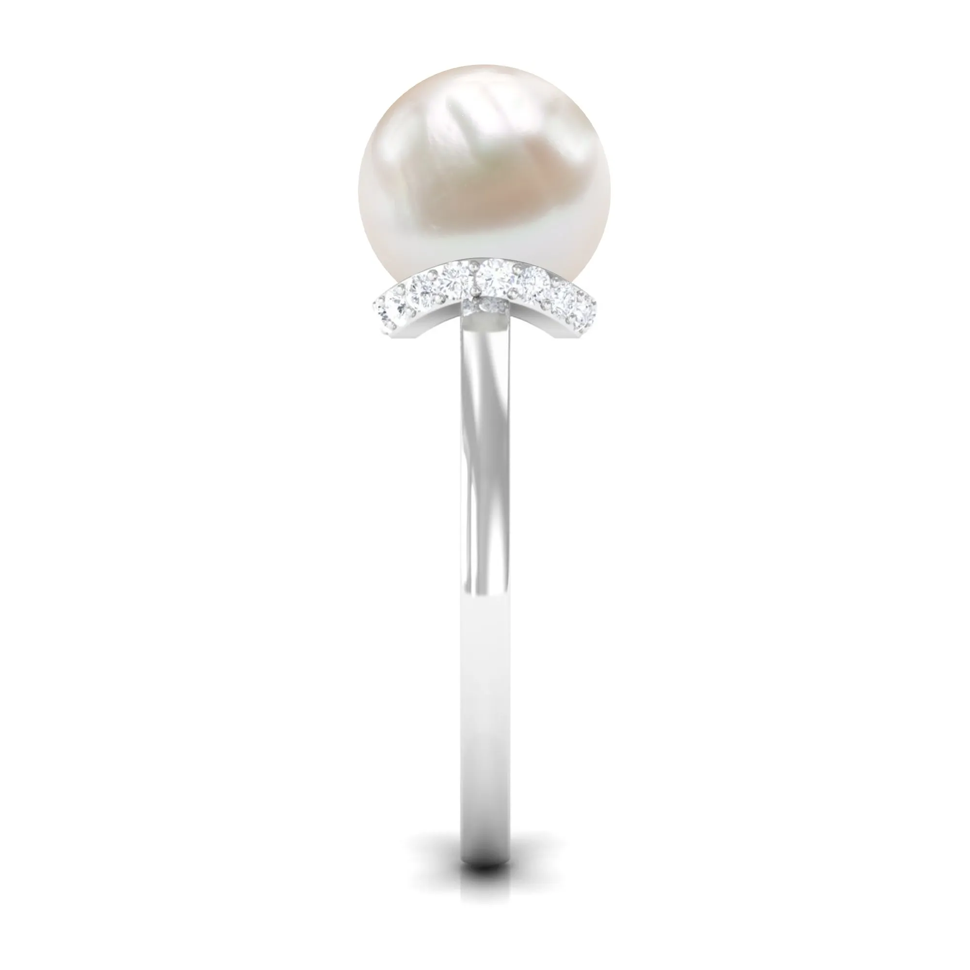 Round Freshwater Pearl Solitaire Ring with Diamond Hidden Halo