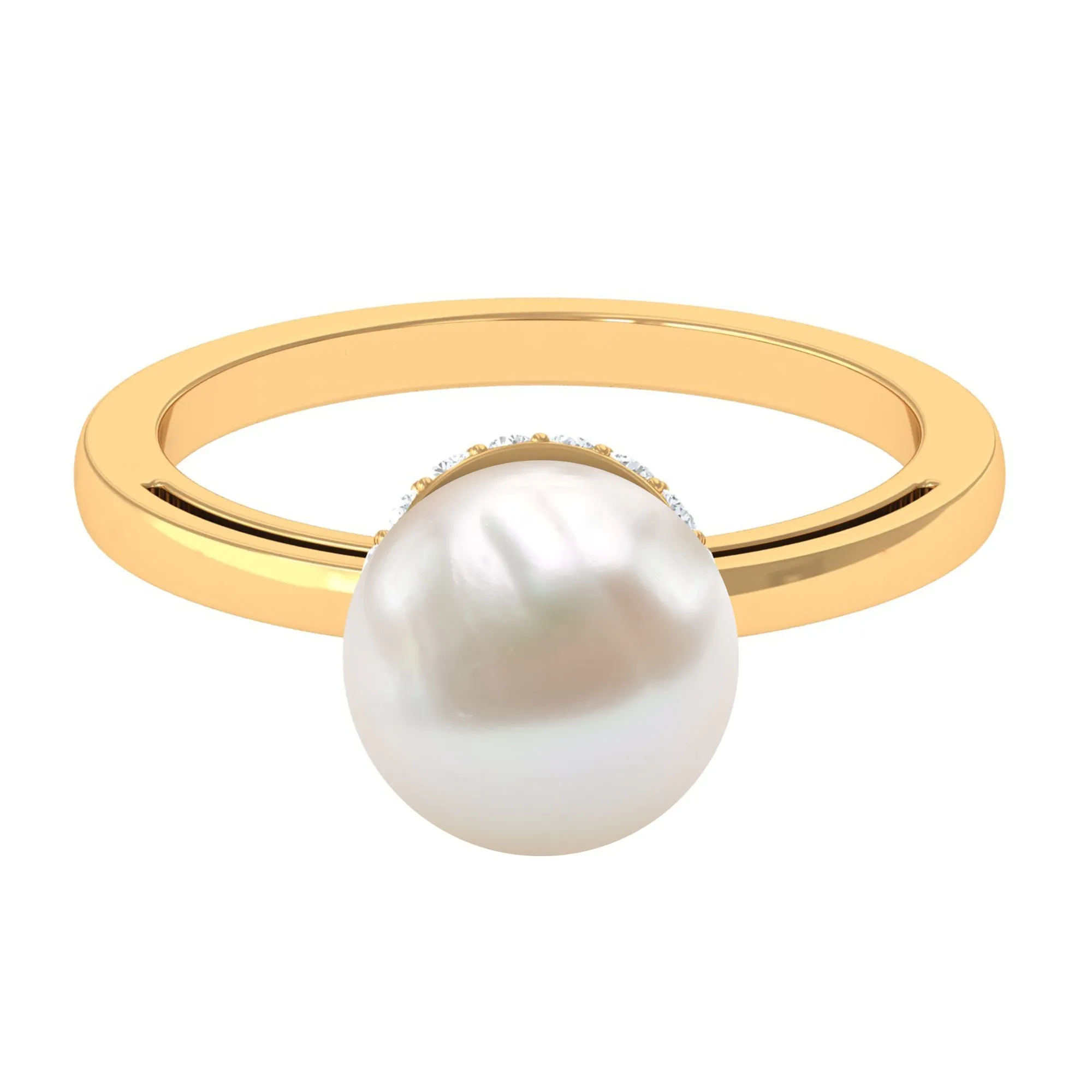 Round Freshwater Pearl Solitaire Ring with Diamond Hidden Halo