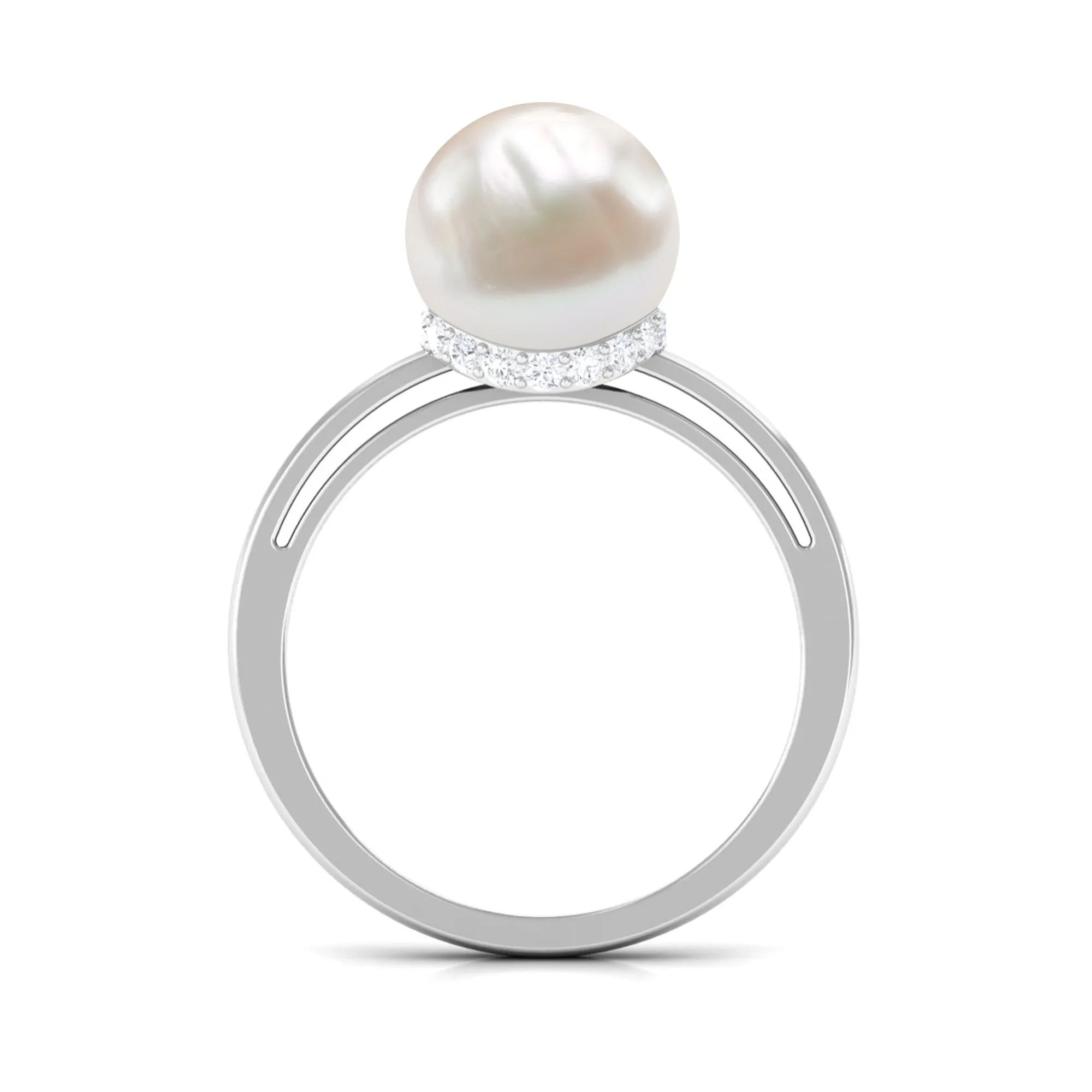 Round Freshwater Pearl Solitaire Ring with Diamond Hidden Halo