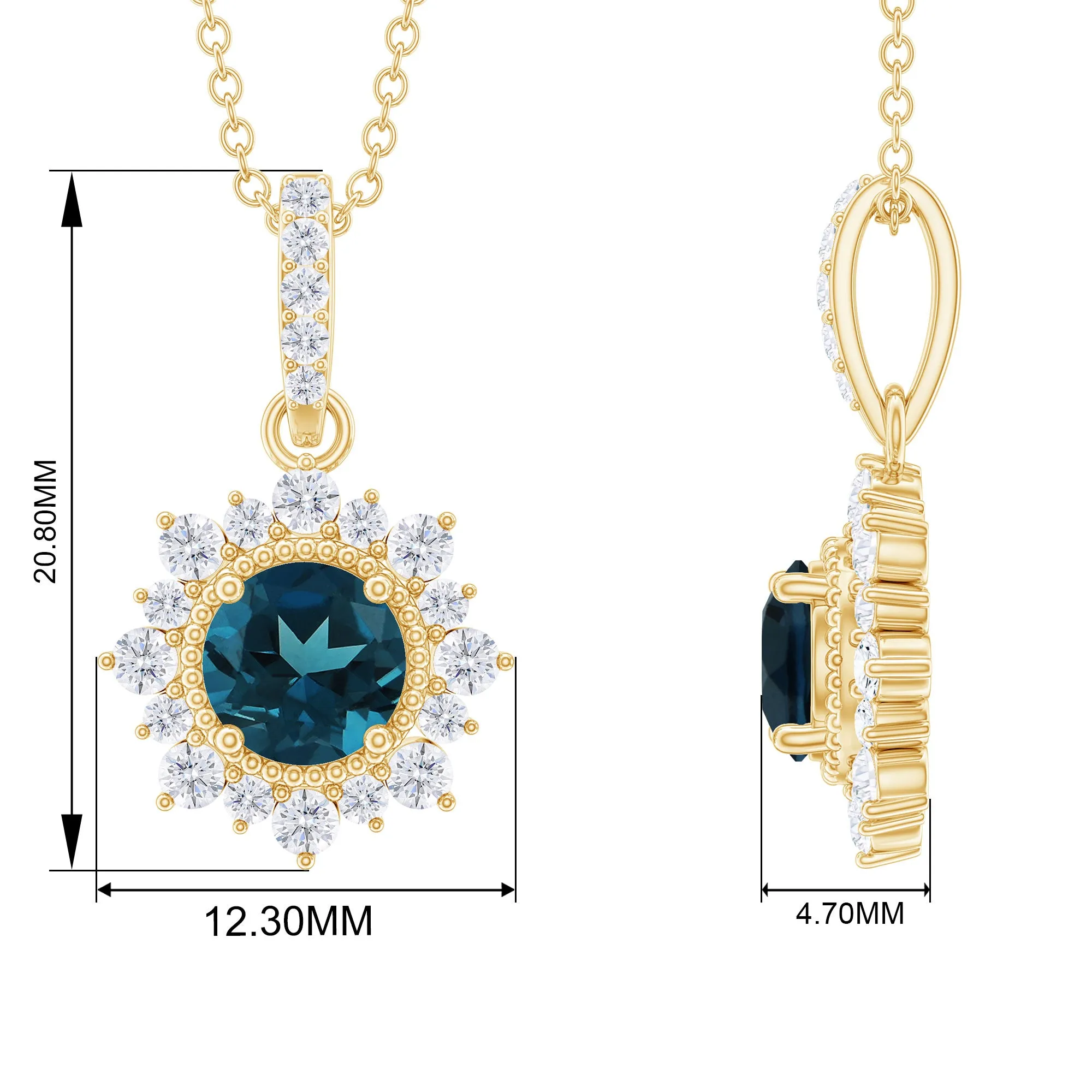 Round London Blue Topaz Halo Pendant with Diamond and Beaded Details