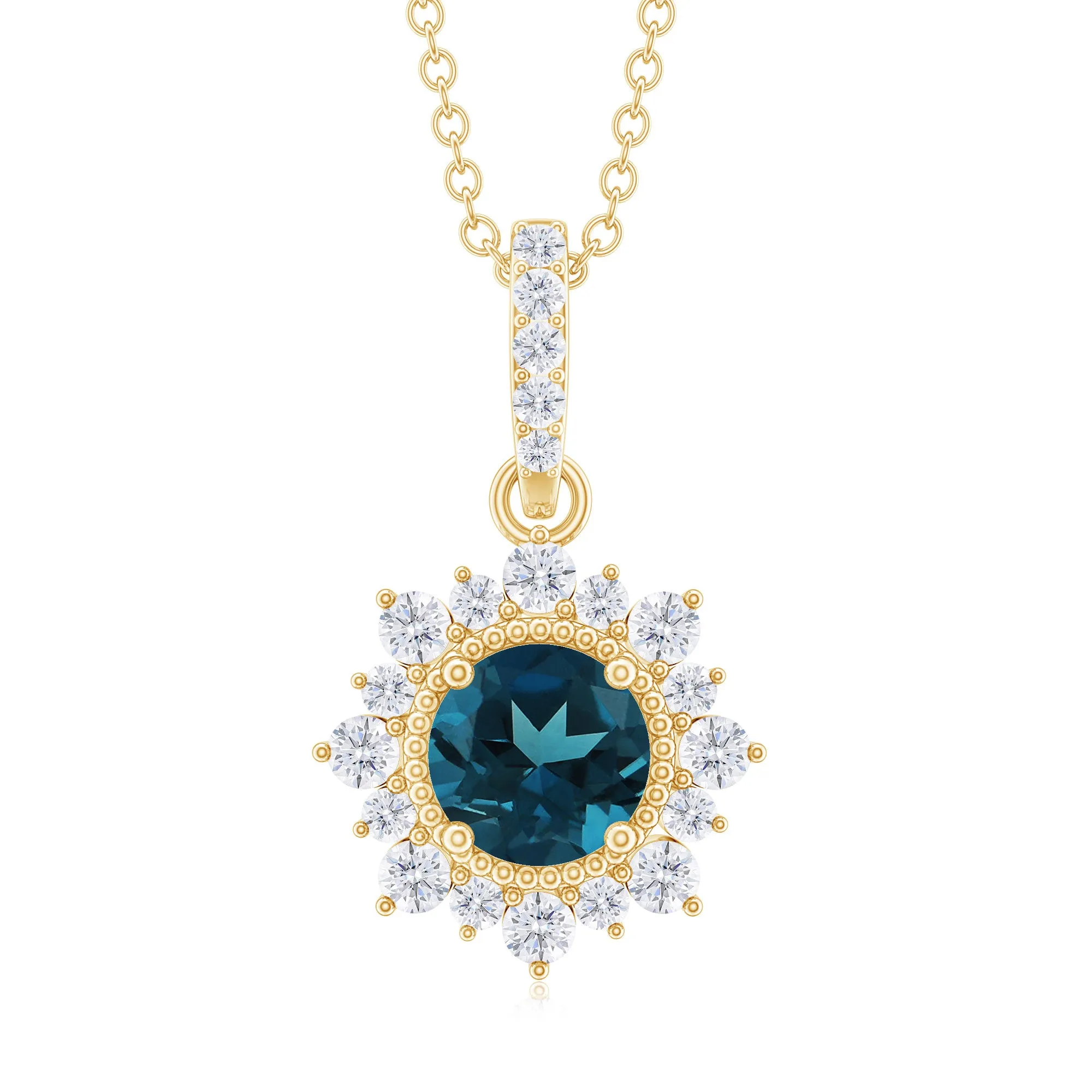 Round London Blue Topaz Halo Pendant with Diamond and Beaded Details