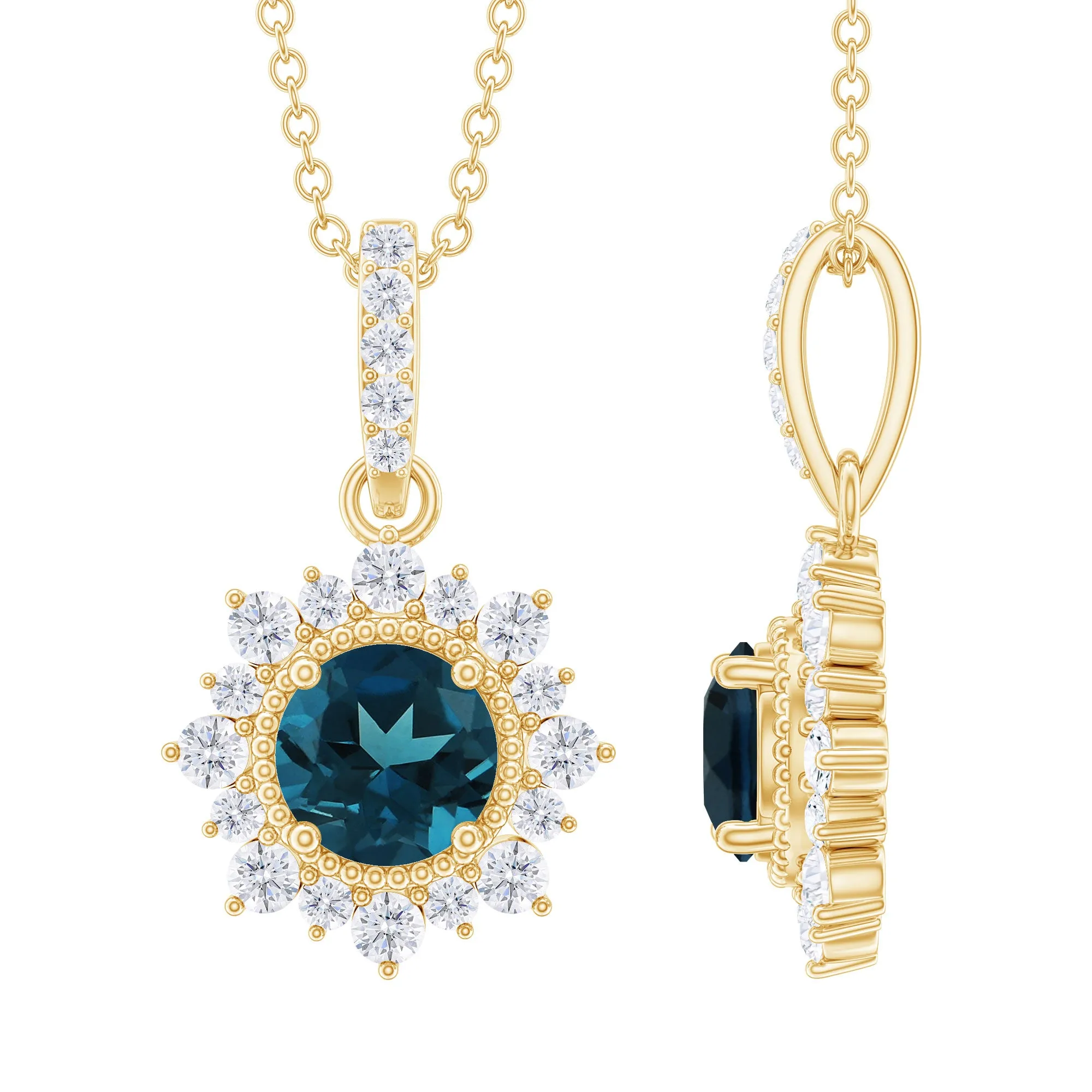 Round London Blue Topaz Halo Pendant with Diamond and Beaded Details