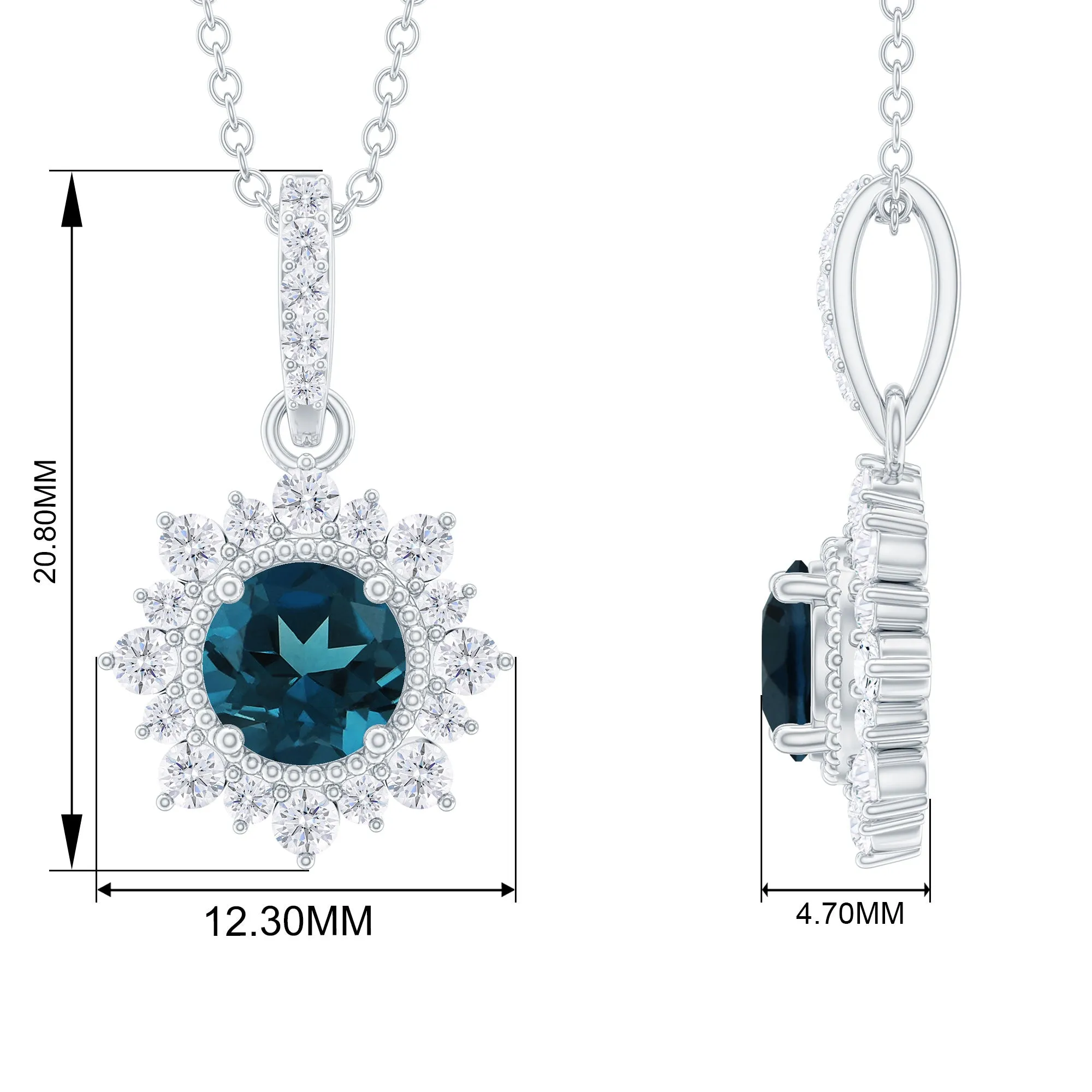 Round London Blue Topaz Halo Pendant with Diamond and Beaded Details