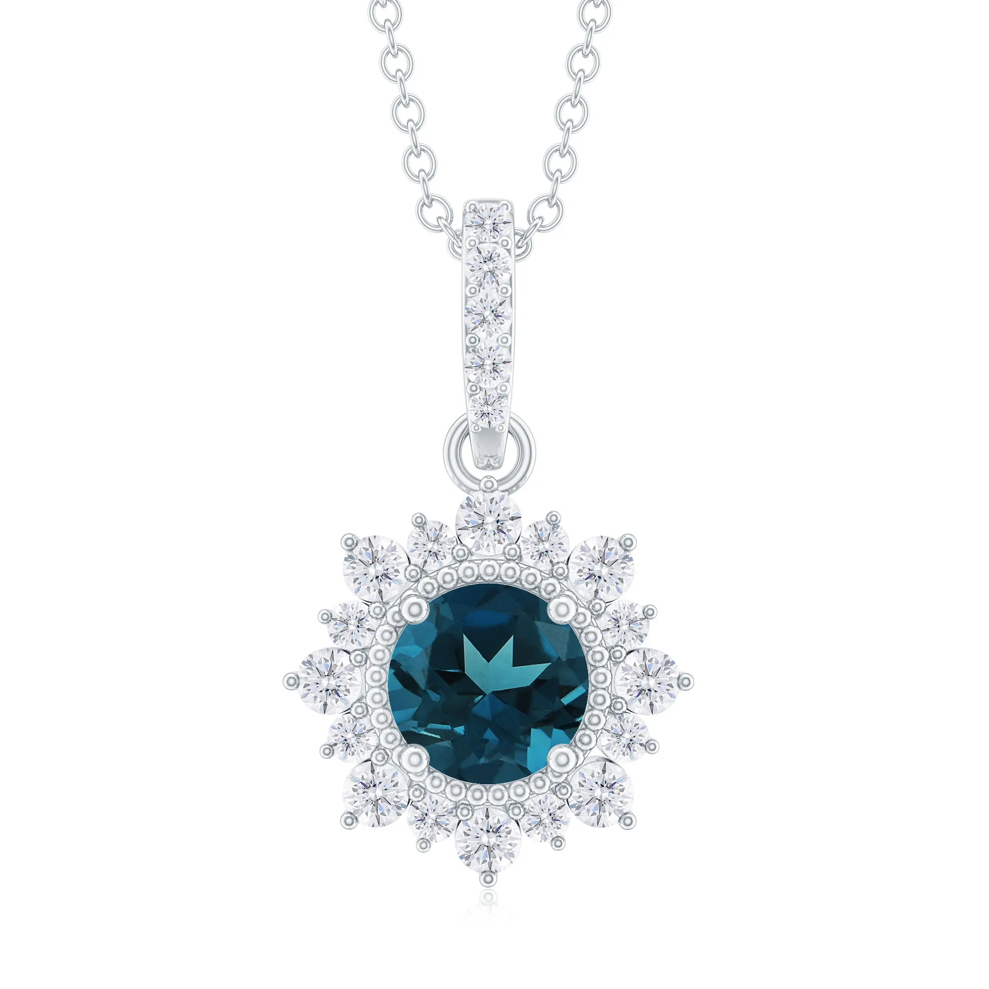 Round London Blue Topaz Halo Pendant with Diamond and Beaded Details