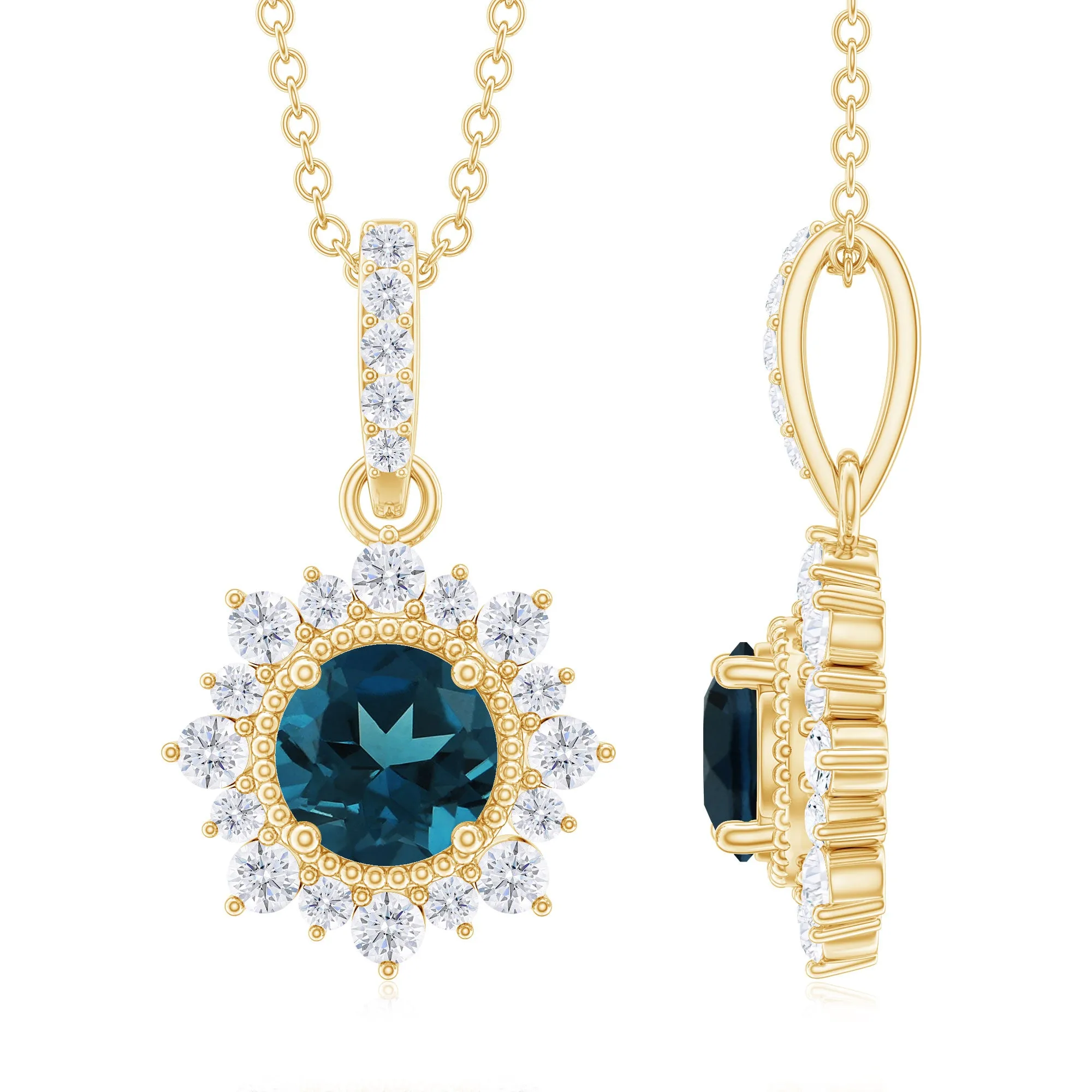 Round London Blue Topaz Halo Pendant with Diamond and Beaded Details