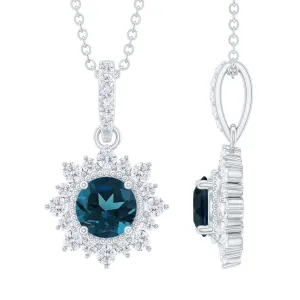 Round London Blue Topaz Halo Pendant with Diamond and Beaded Details