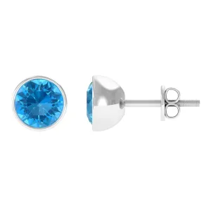 Round Swiss Blue Topaz Solitaire Stud Earrings in Bezel Setting