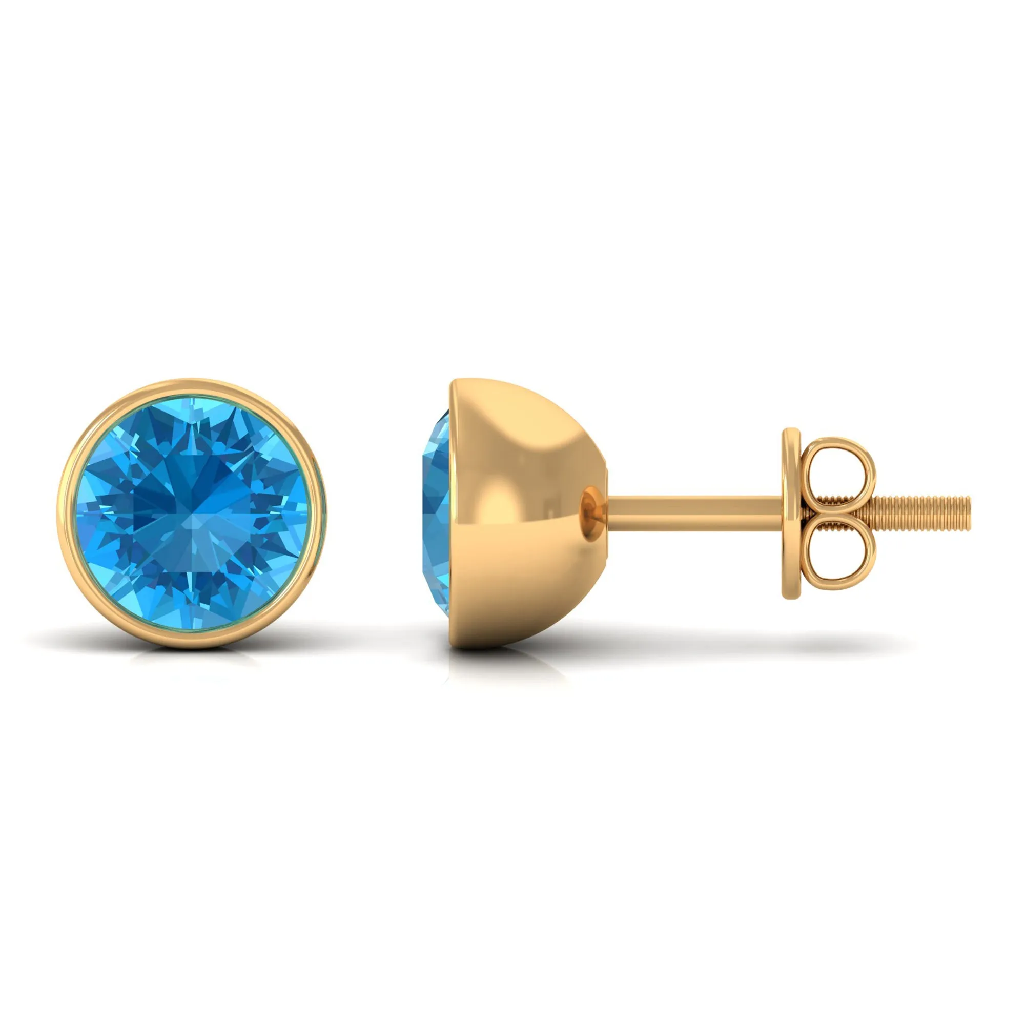 Round Swiss Blue Topaz Solitaire Stud Earrings in Bezel Setting