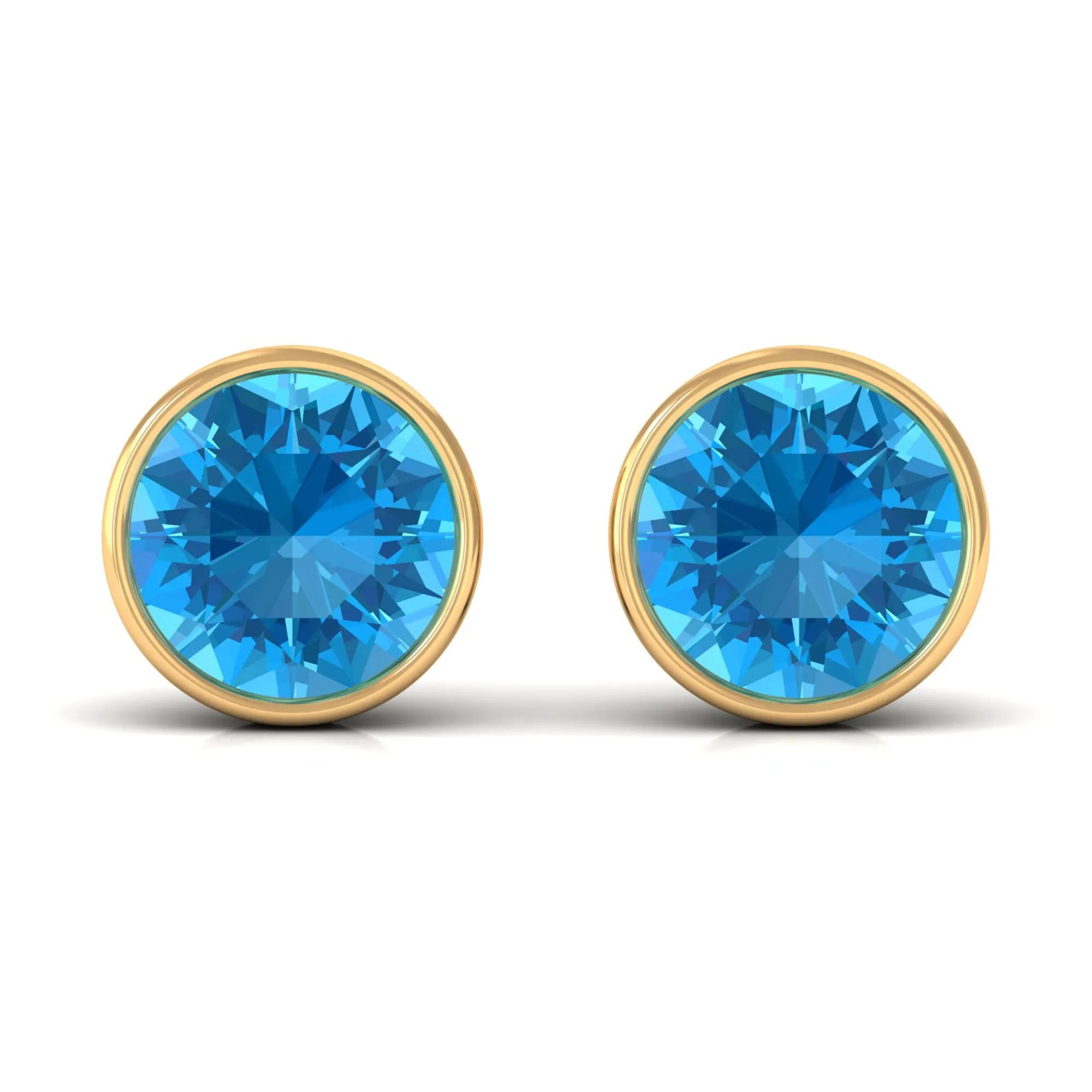Round Swiss Blue Topaz Solitaire Stud Earrings in Bezel Setting