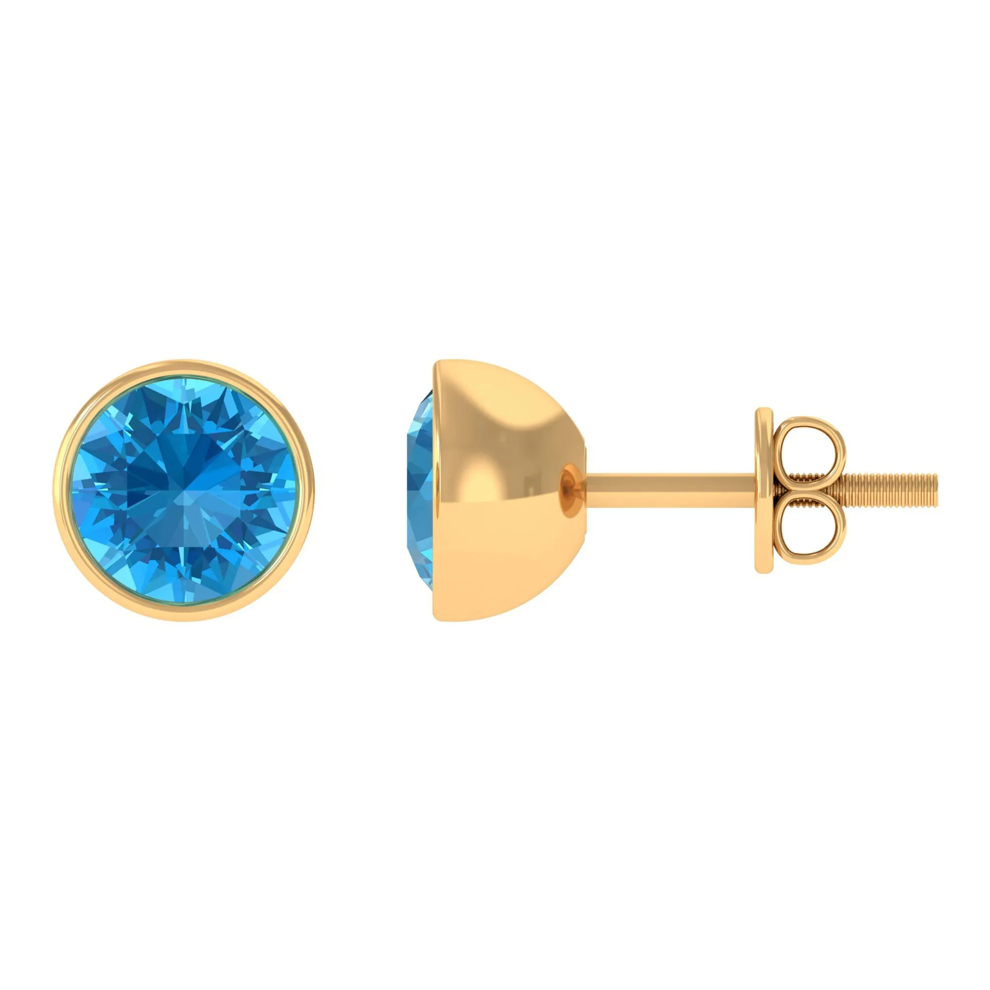 Round Swiss Blue Topaz Solitaire Stud Earrings in Bezel Setting