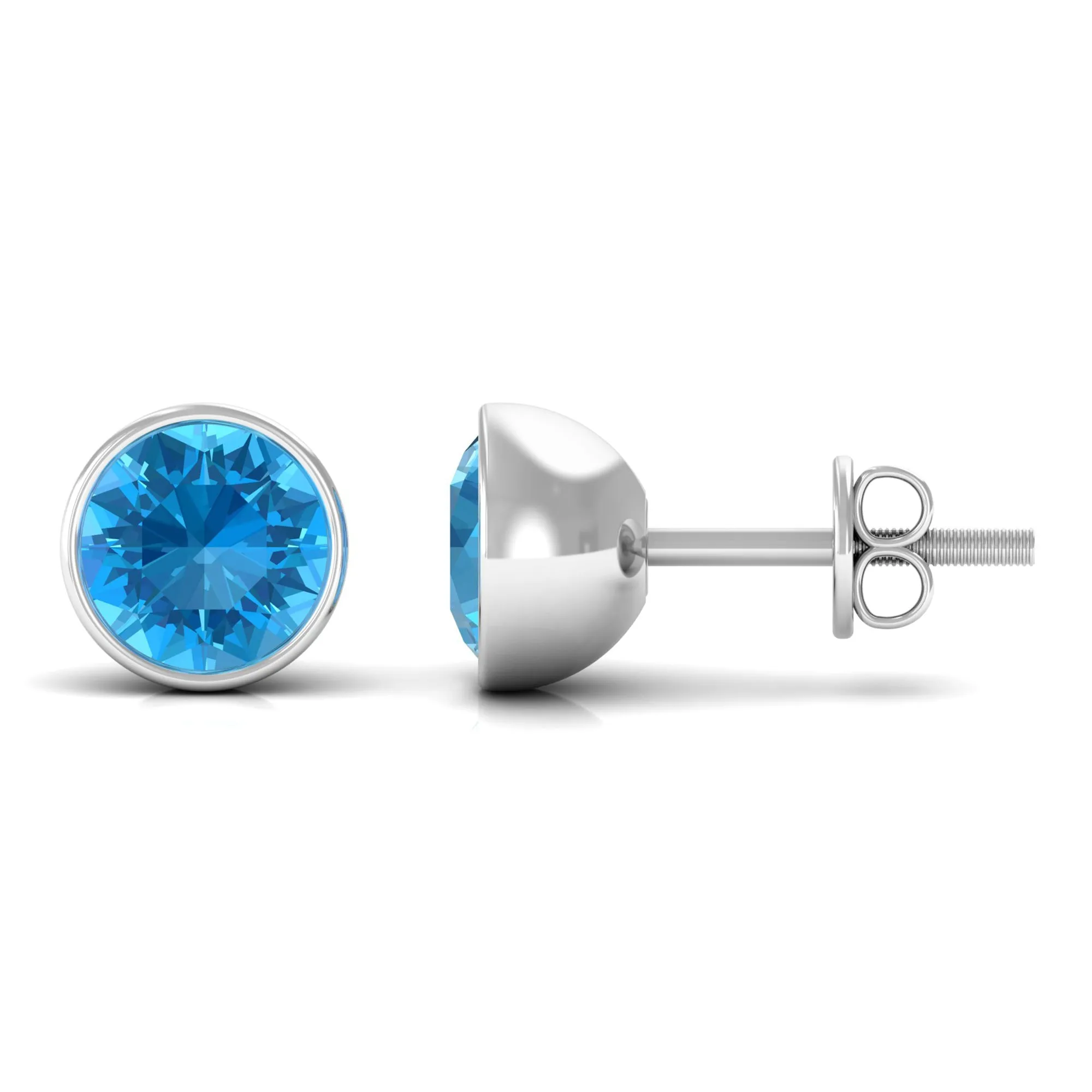 Round Swiss Blue Topaz Solitaire Stud Earrings in Bezel Setting
