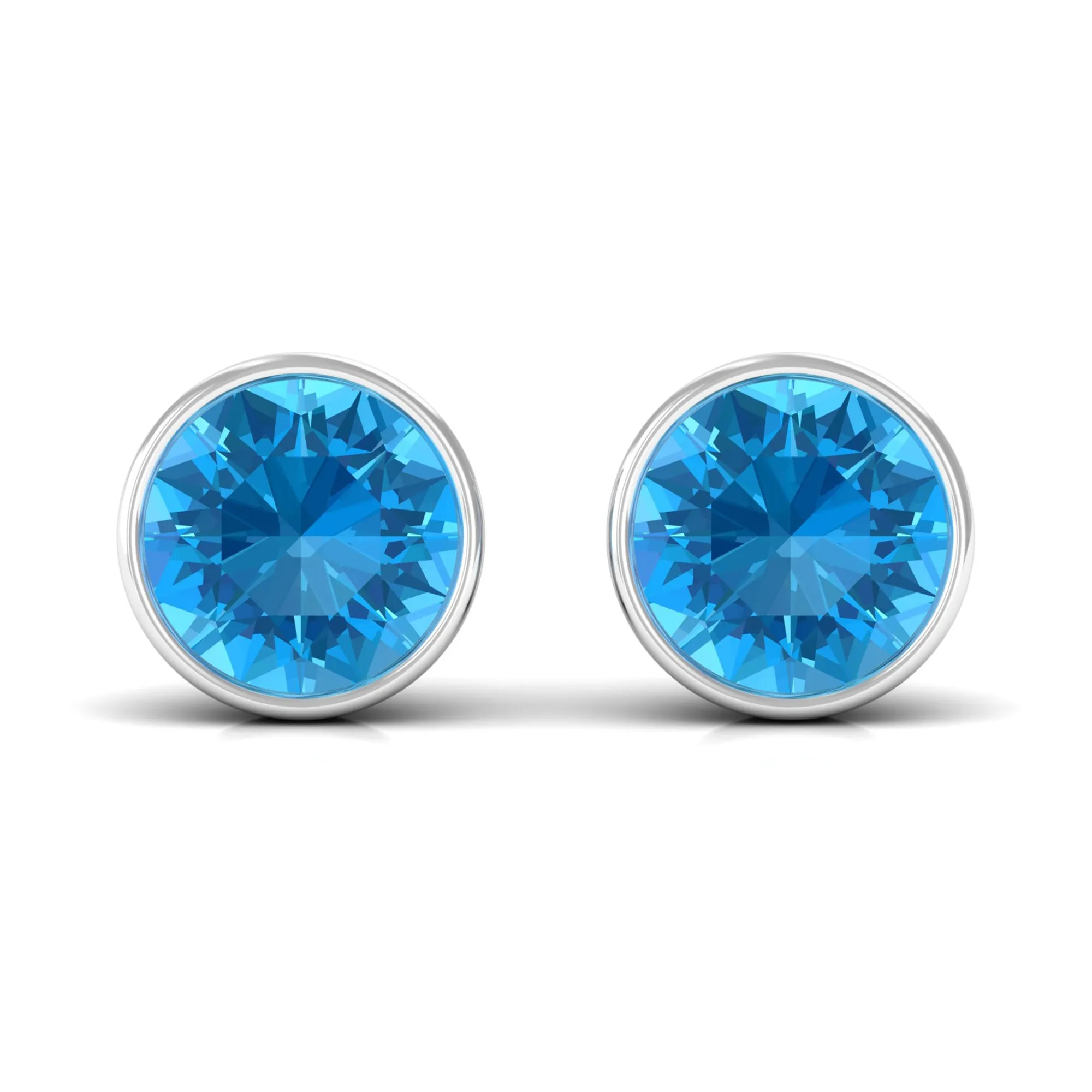 Round Swiss Blue Topaz Solitaire Stud Earrings in Bezel Setting