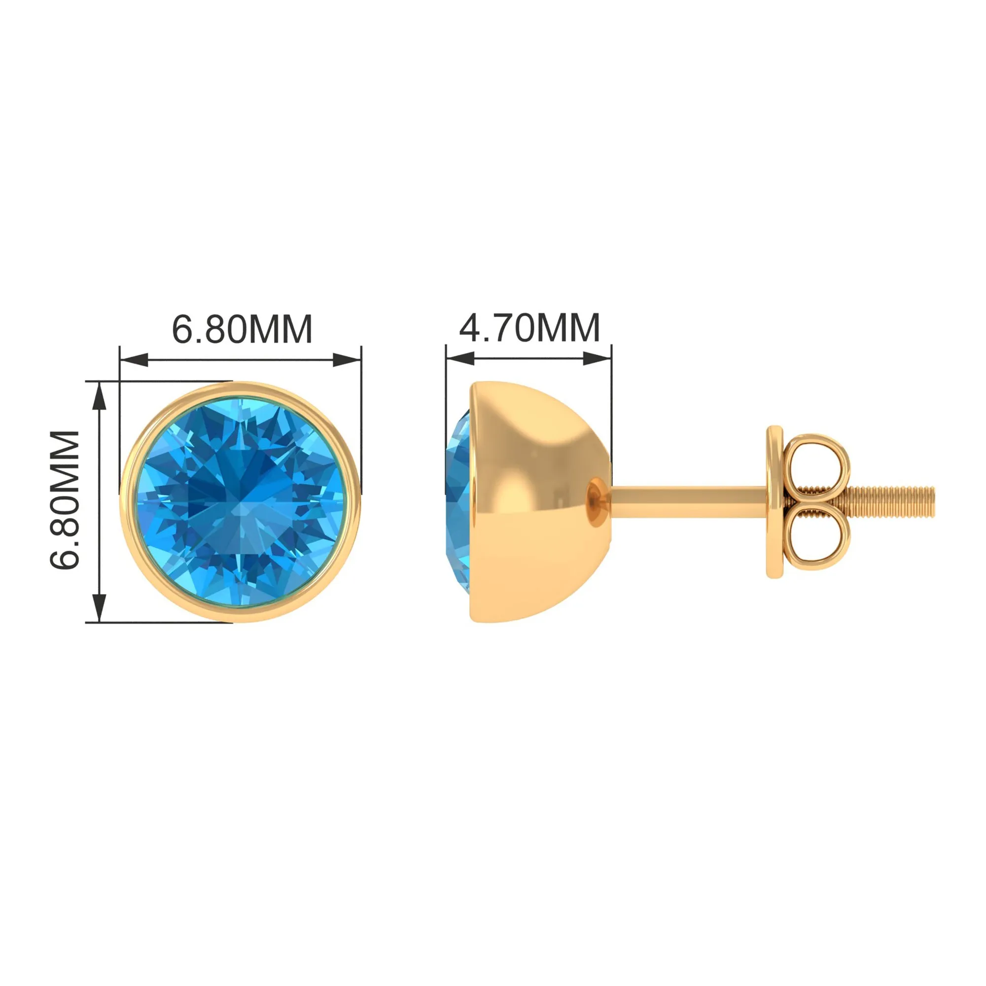Round Swiss Blue Topaz Solitaire Stud Earrings in Bezel Setting