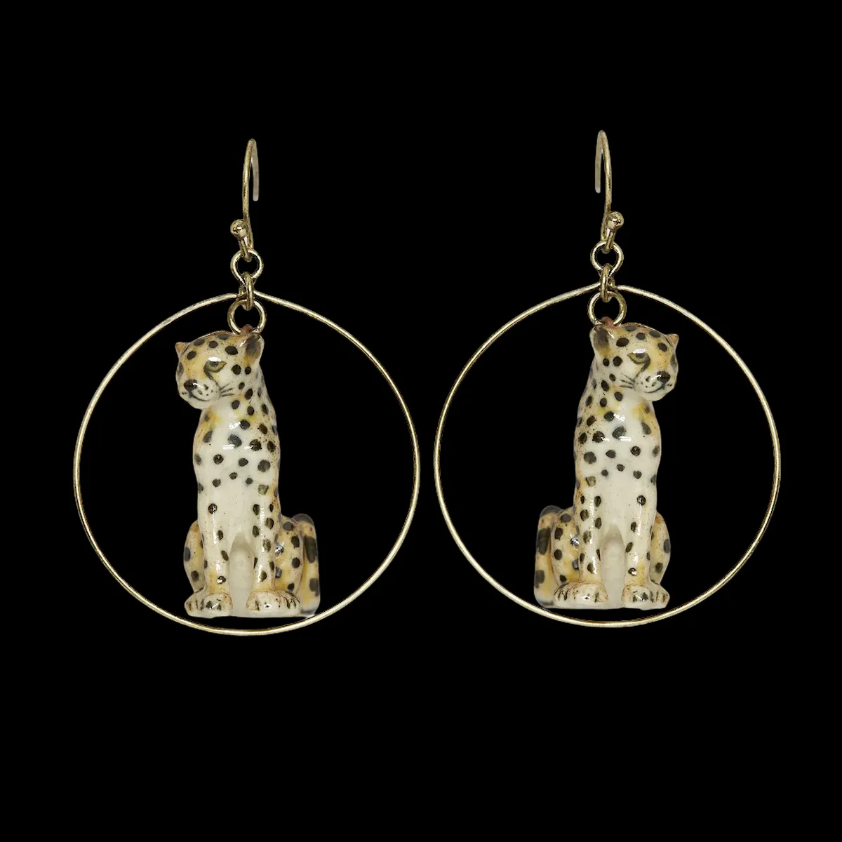 Sitting Cheetah porcelaine gold hoop earrings by And Mary
