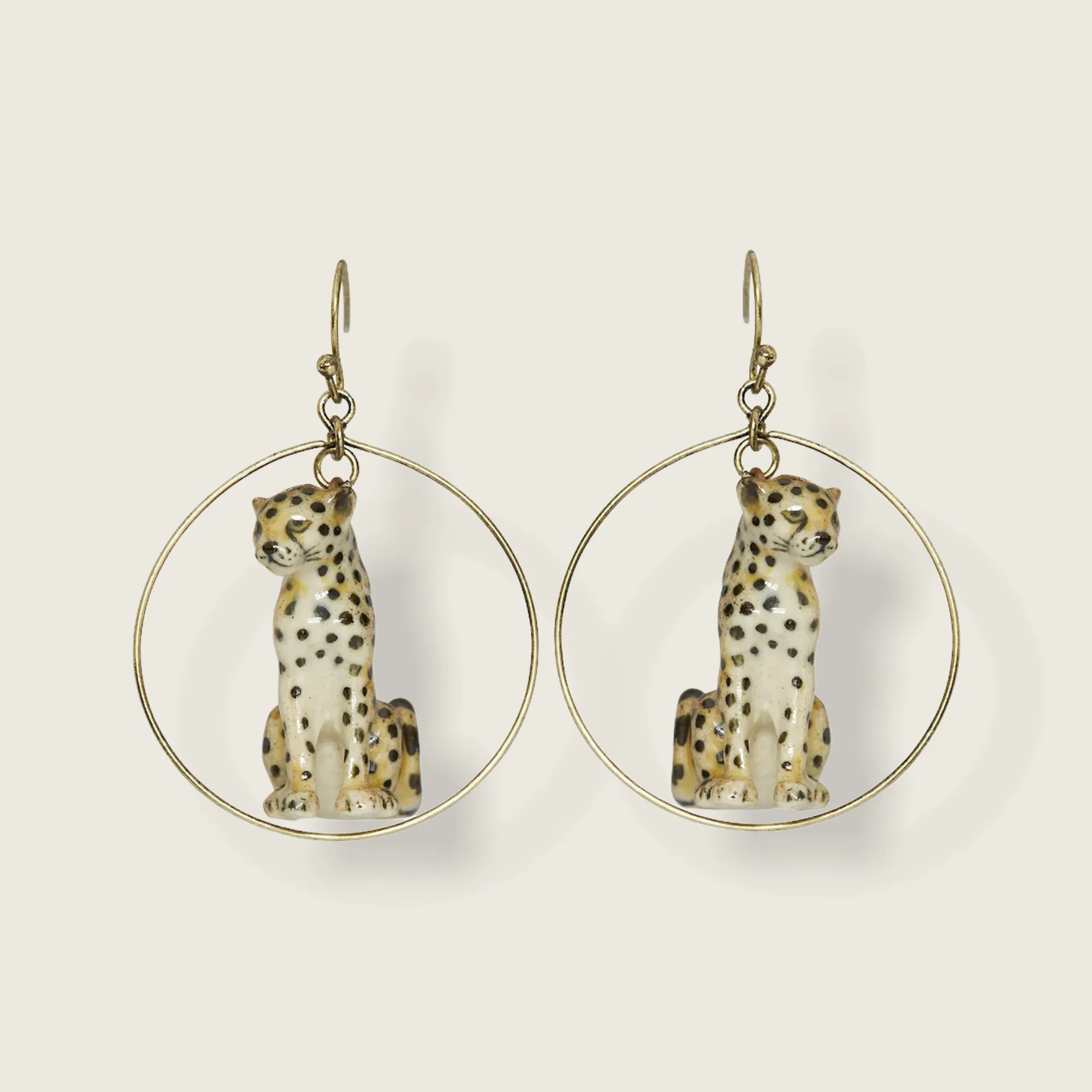 Sitting Cheetah porcelaine gold hoop earrings by And Mary
