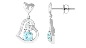Solitaire Sky Blue Topaz Heart Drop Earrings with Diamond Accent