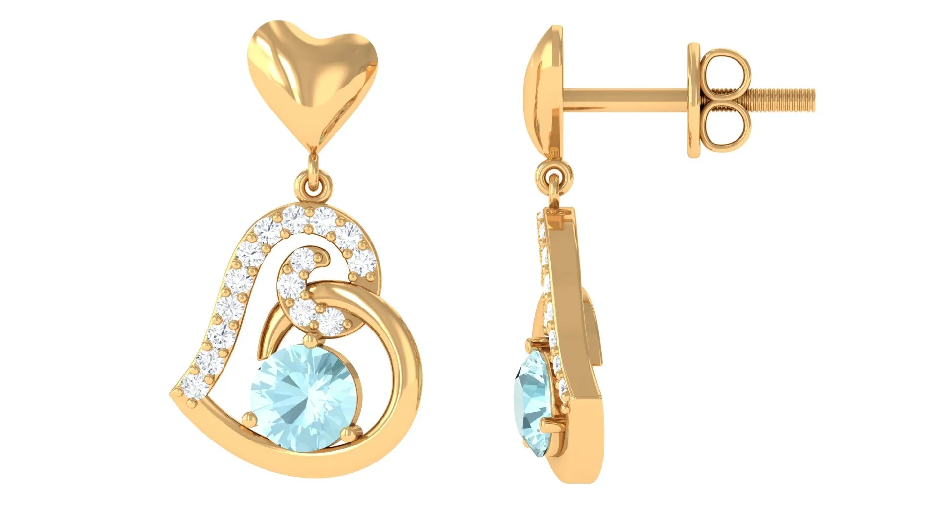 Solitaire Sky Blue Topaz Heart Drop Earrings with Diamond Accent