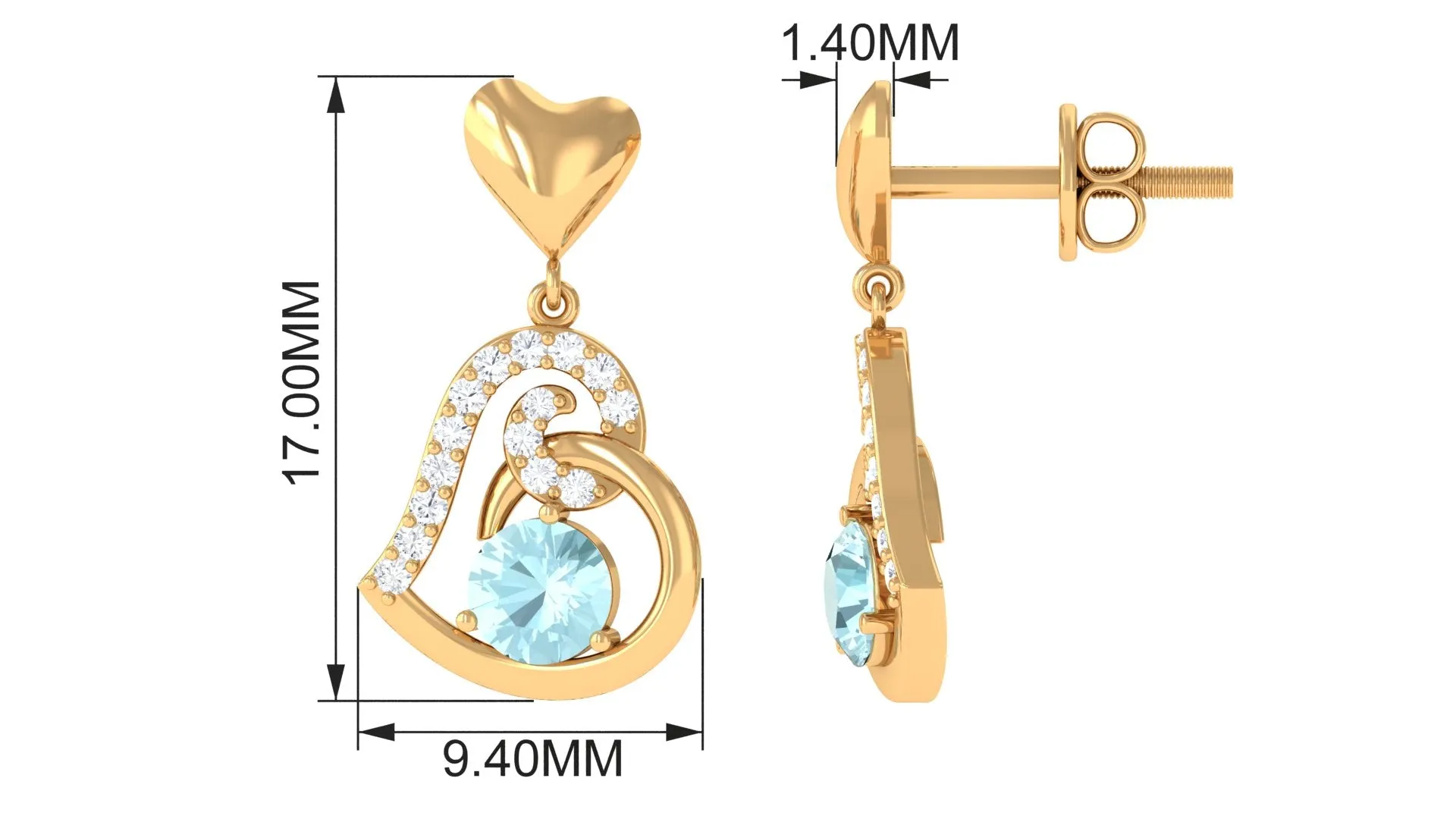 Solitaire Sky Blue Topaz Heart Drop Earrings with Diamond Accent