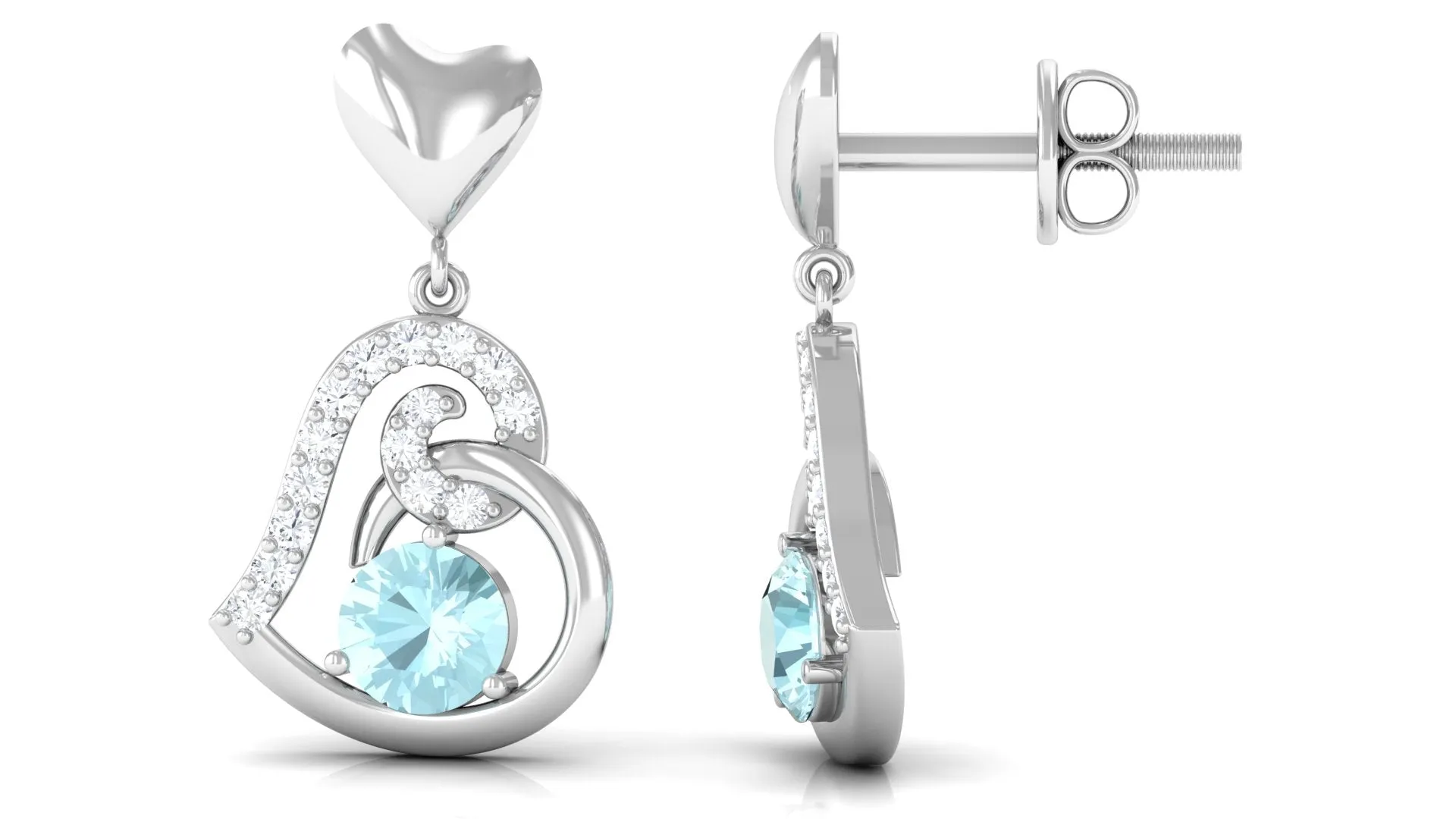 Solitaire Sky Blue Topaz Heart Drop Earrings with Diamond Accent