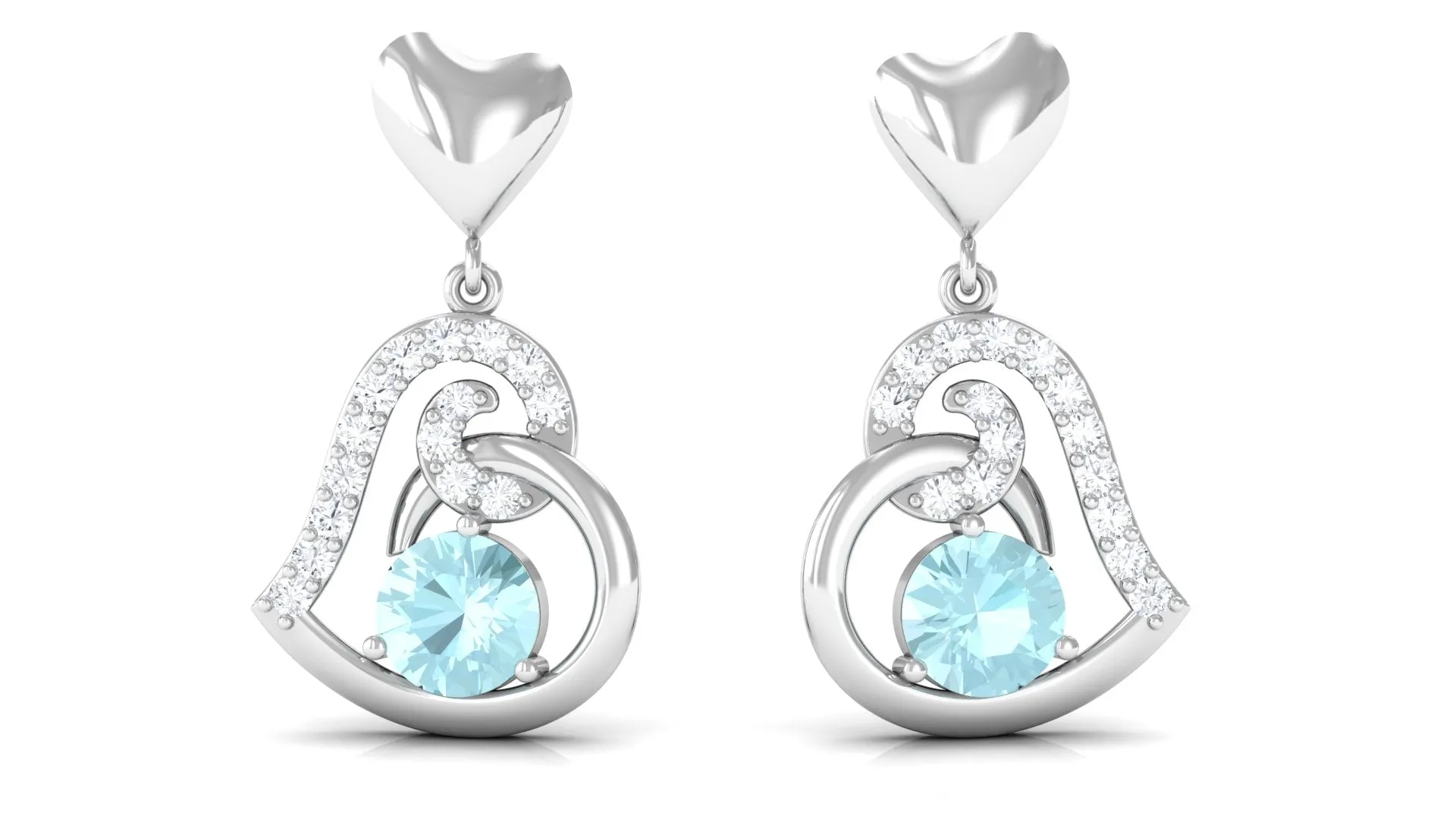 Solitaire Sky Blue Topaz Heart Drop Earrings with Diamond Accent
