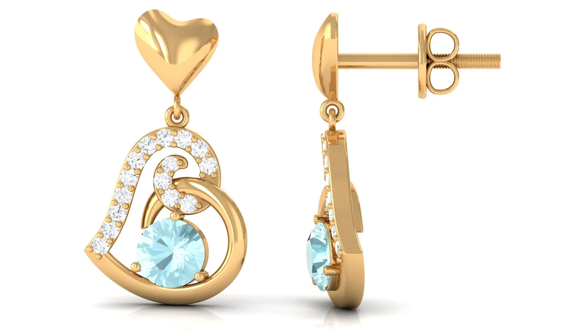 Solitaire Sky Blue Topaz Heart Drop Earrings with Diamond Accent