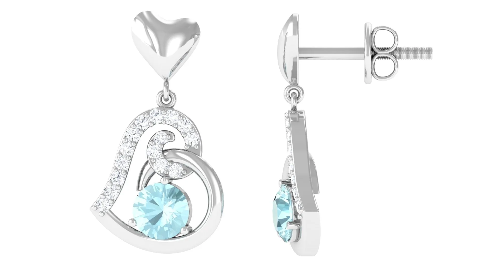 Solitaire Sky Blue Topaz Heart Drop Earrings with Diamond Accent