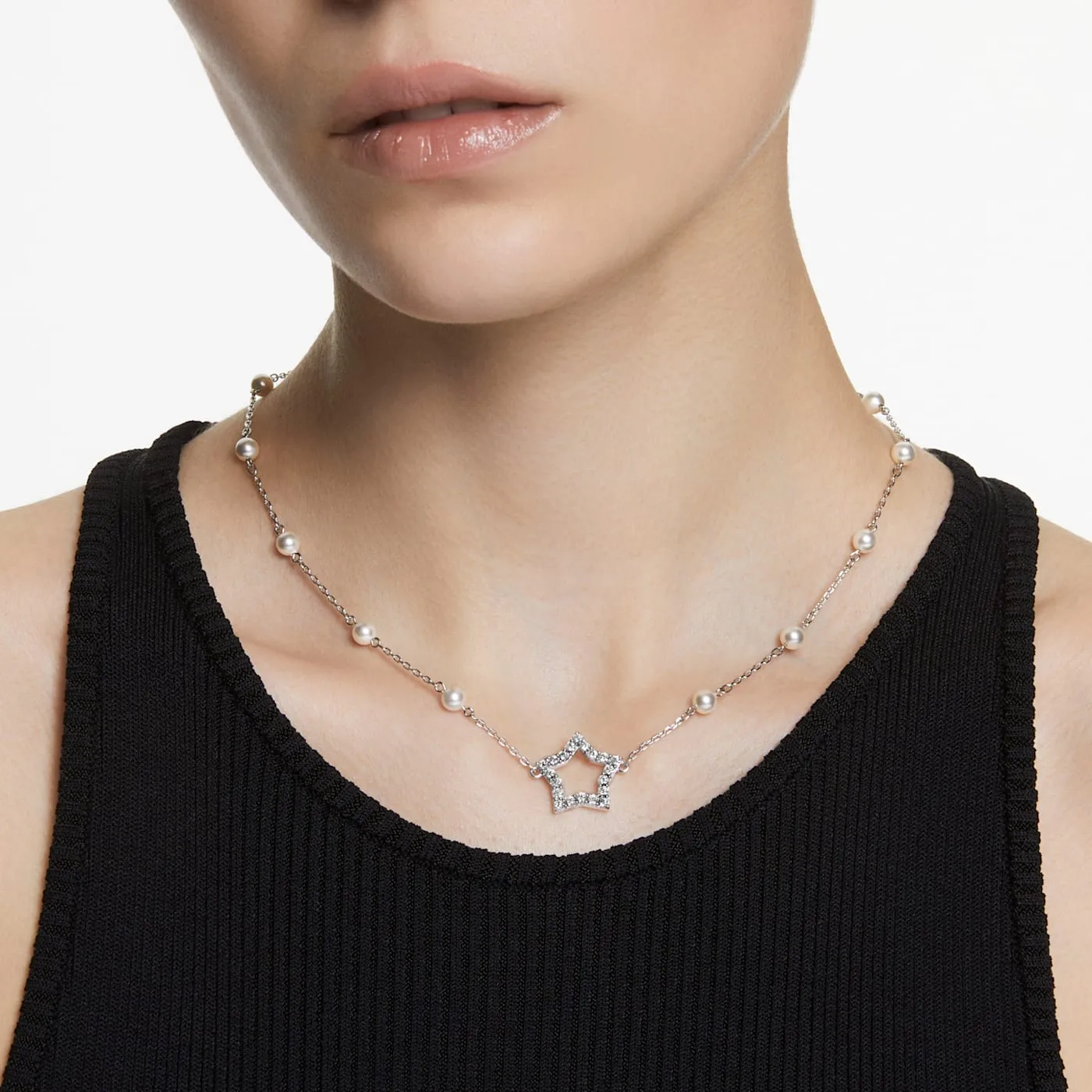 STELLA NECKLACE, PEARL, STAR, RHODIUM PLATED