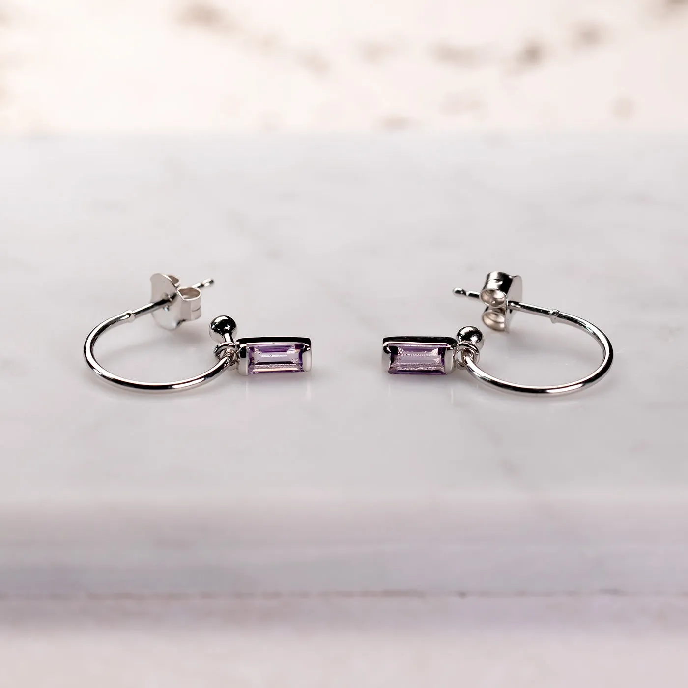 Sterling Silver Amethyst Baguette Mini Hoop Earrings