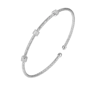 Sterling Silver Mesh Flex Cuff Bracelet w/ Three CZ Rondelles (SI5313)