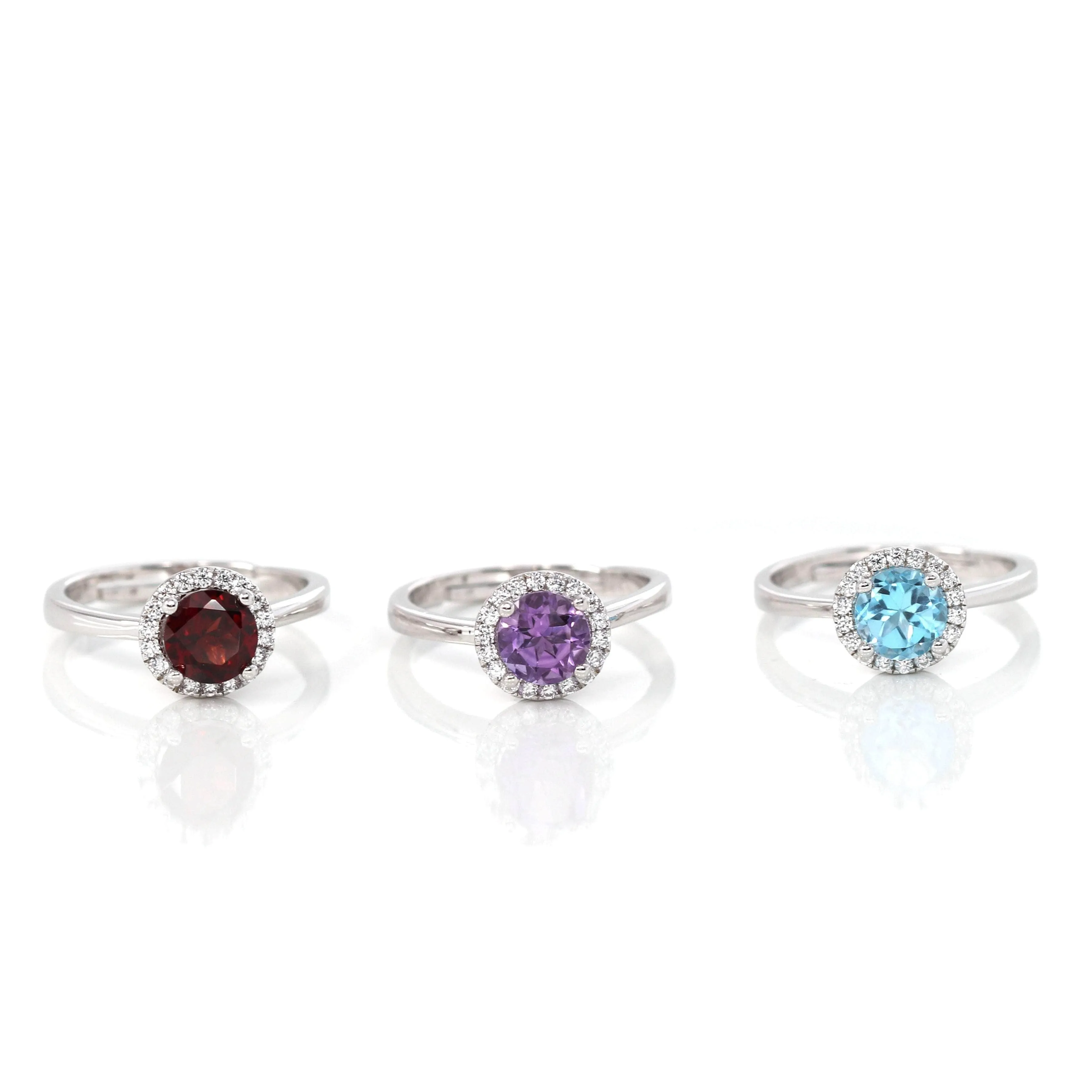 Sterling Silver Round Swiss Blue Topaz, Amethyst, & Garnet Rings
