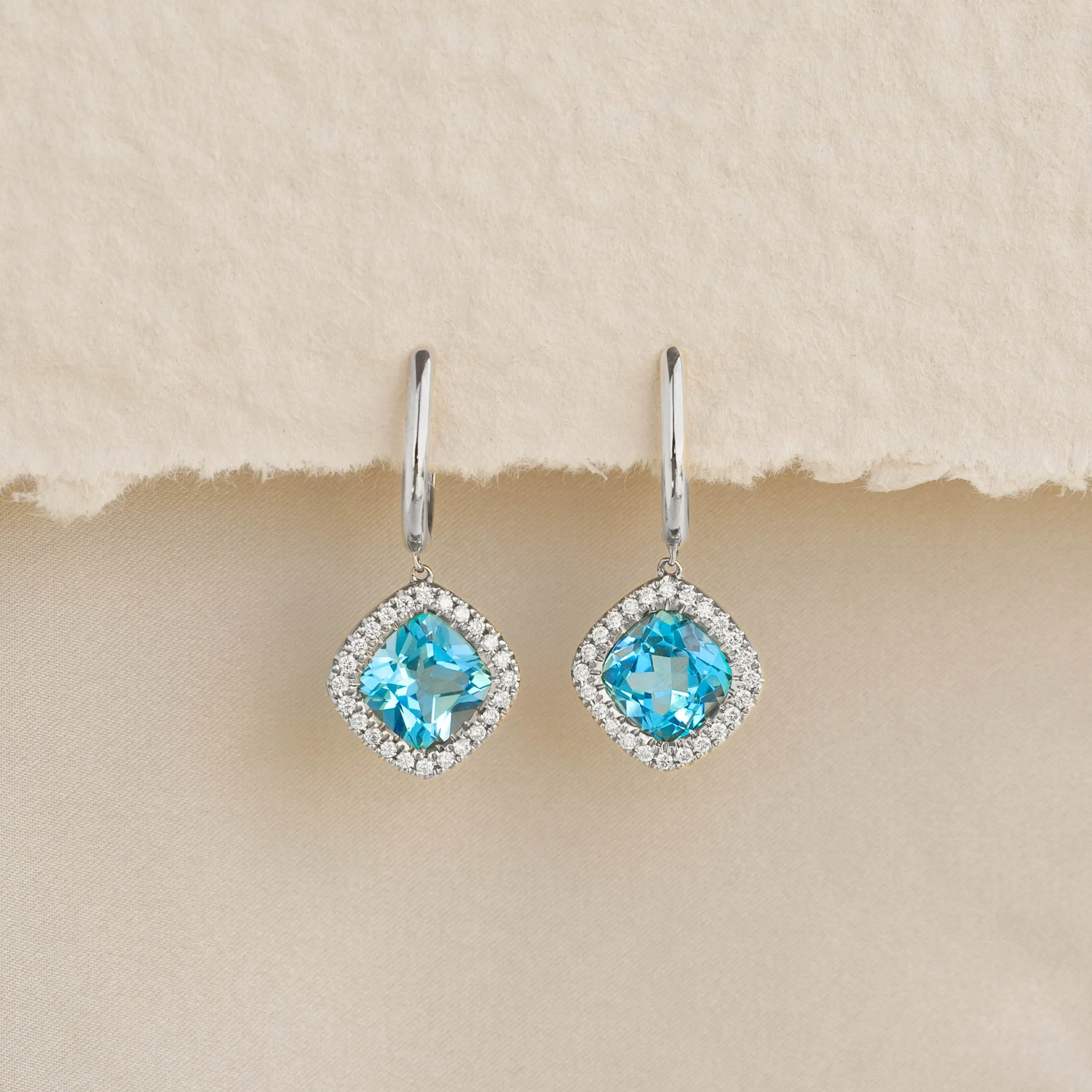 Swiss Blue Topaz and Diamond Halo Drop Earrings White Gold - Elvira