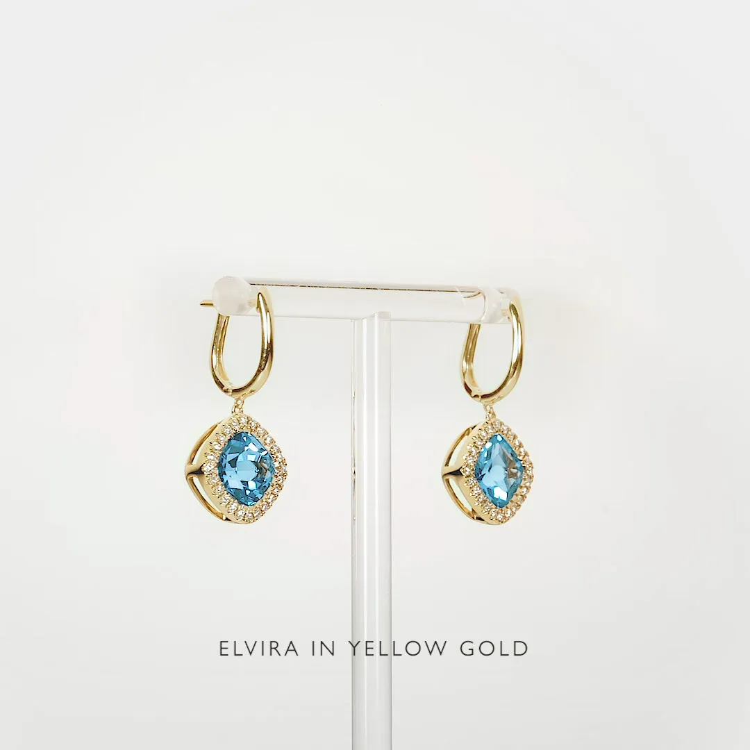Swiss Blue Topaz and Diamond Halo Drop Earrings White Gold - Elvira