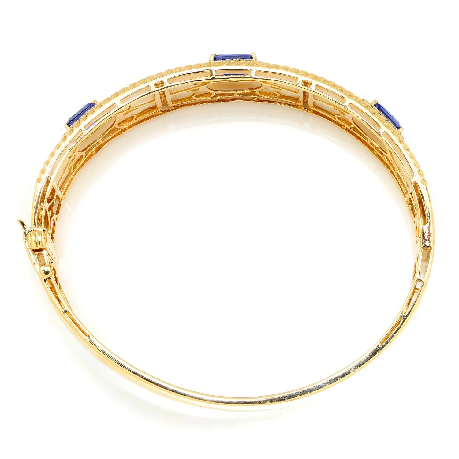 Triple Tanzanite Gold Bangle with Diamonds in Mother of Pearl