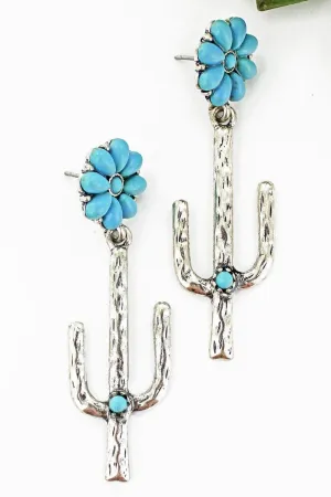 TURQUOISE BEADED FLOWER AND SILVERTONE CACTUS EARRINGS