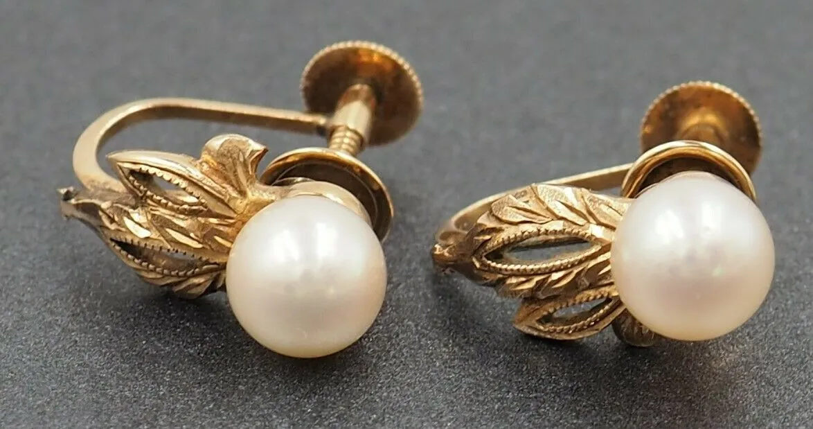 Vintage 14ct Yellow Gold Pearl Screw Back Earrings - Fine Jewellery