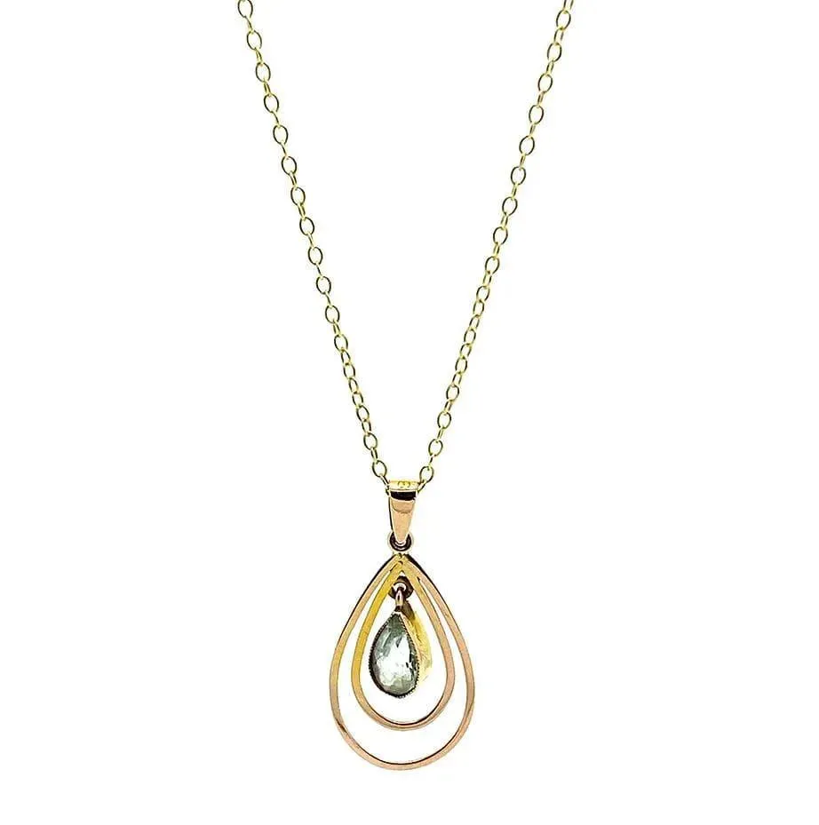 Vintage 1970s Aquamarine Teardrop 9ct Gold Pendant Necklace
