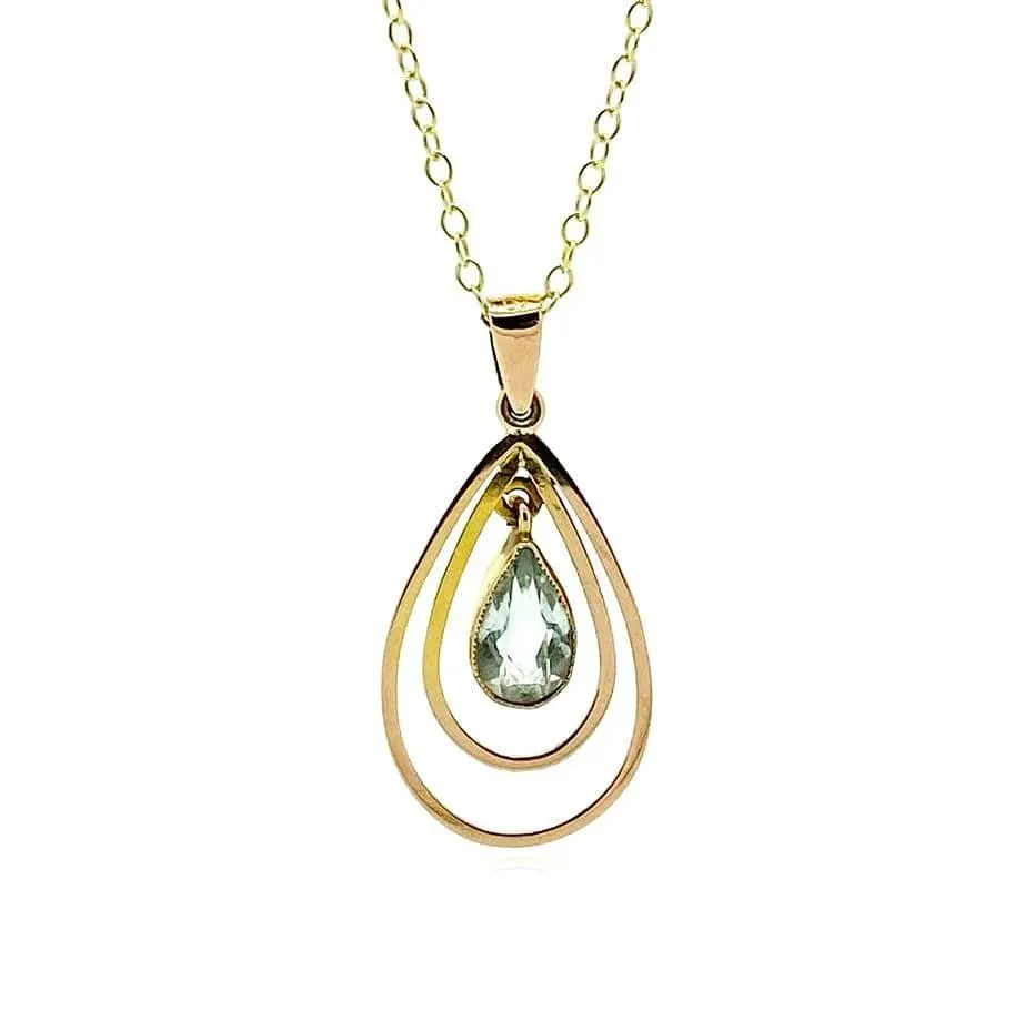 Vintage 1970s Aquamarine Teardrop 9ct Gold Pendant Necklace