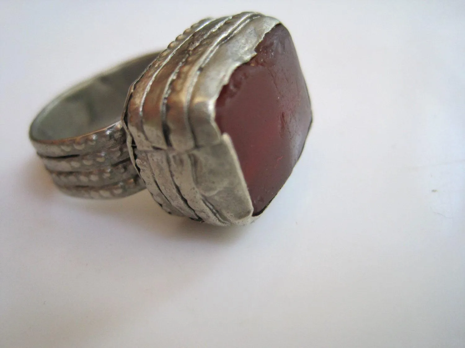 Vintage Bedouin Metal and Glass Ring - Size 8