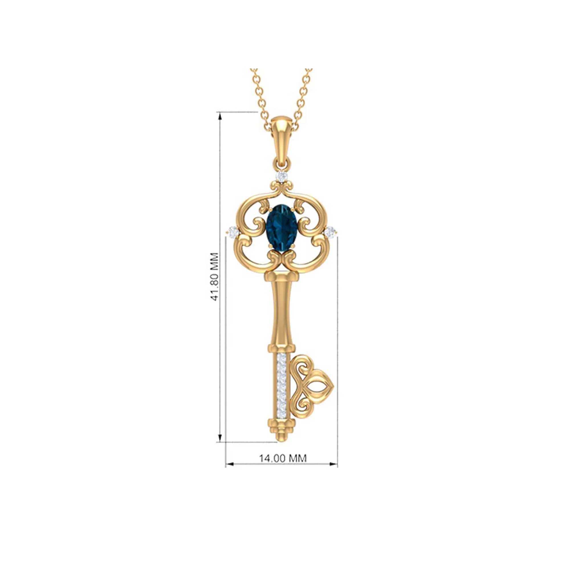 Vintage Inspired Key Pendant with Oval London Blue Topaz and Diamond