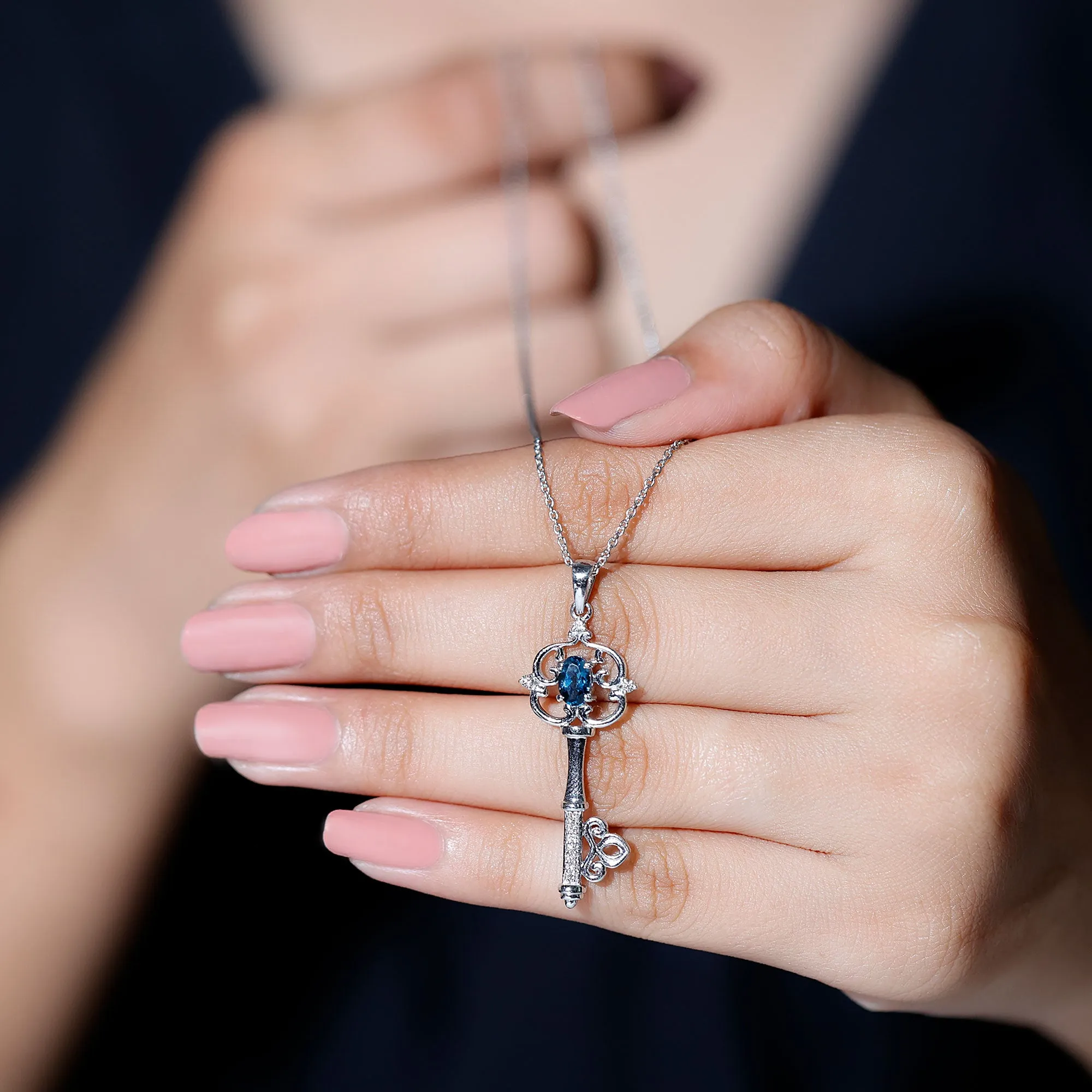 Vintage Inspired Key Pendant with Oval London Blue Topaz and Diamond