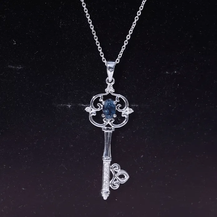 Vintage Inspired Key Pendant with Oval London Blue Topaz and Diamond