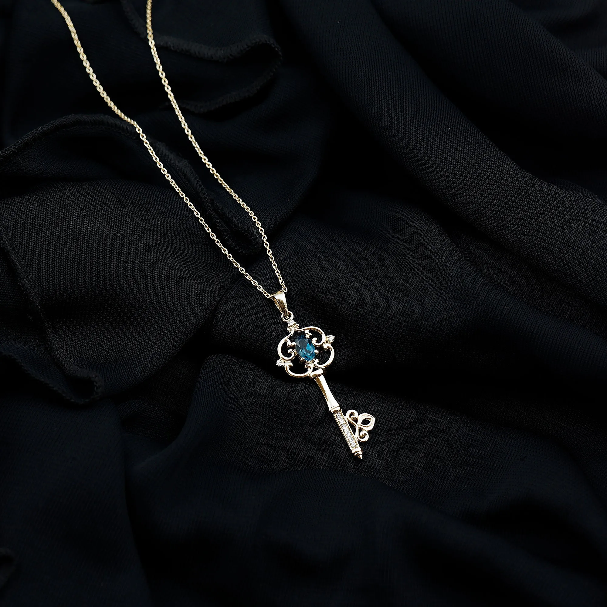Vintage Inspired Key Pendant with Oval London Blue Topaz and Diamond