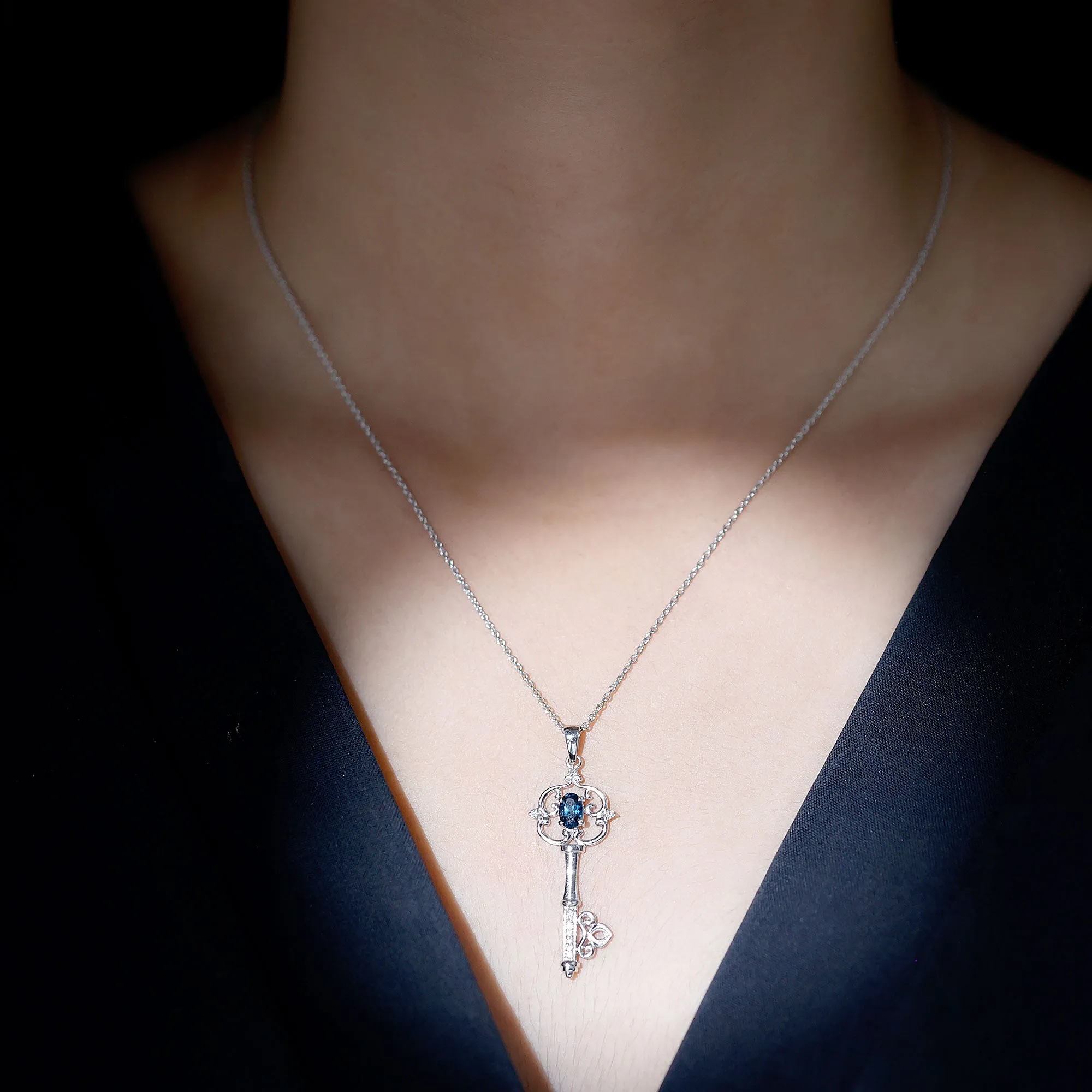 Vintage Inspired Key Pendant with Oval London Blue Topaz and Diamond