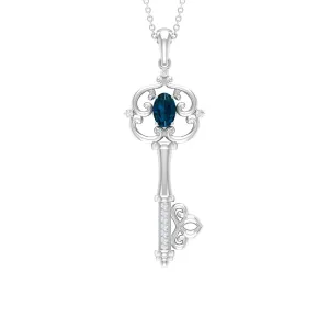 Vintage Inspired Key Pendant with Oval London Blue Topaz and Diamond