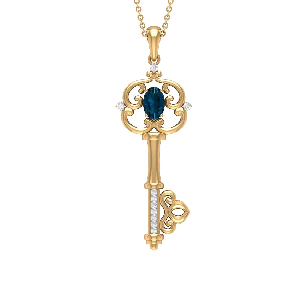 Vintage Inspired Key Pendant with Oval London Blue Topaz and Diamond