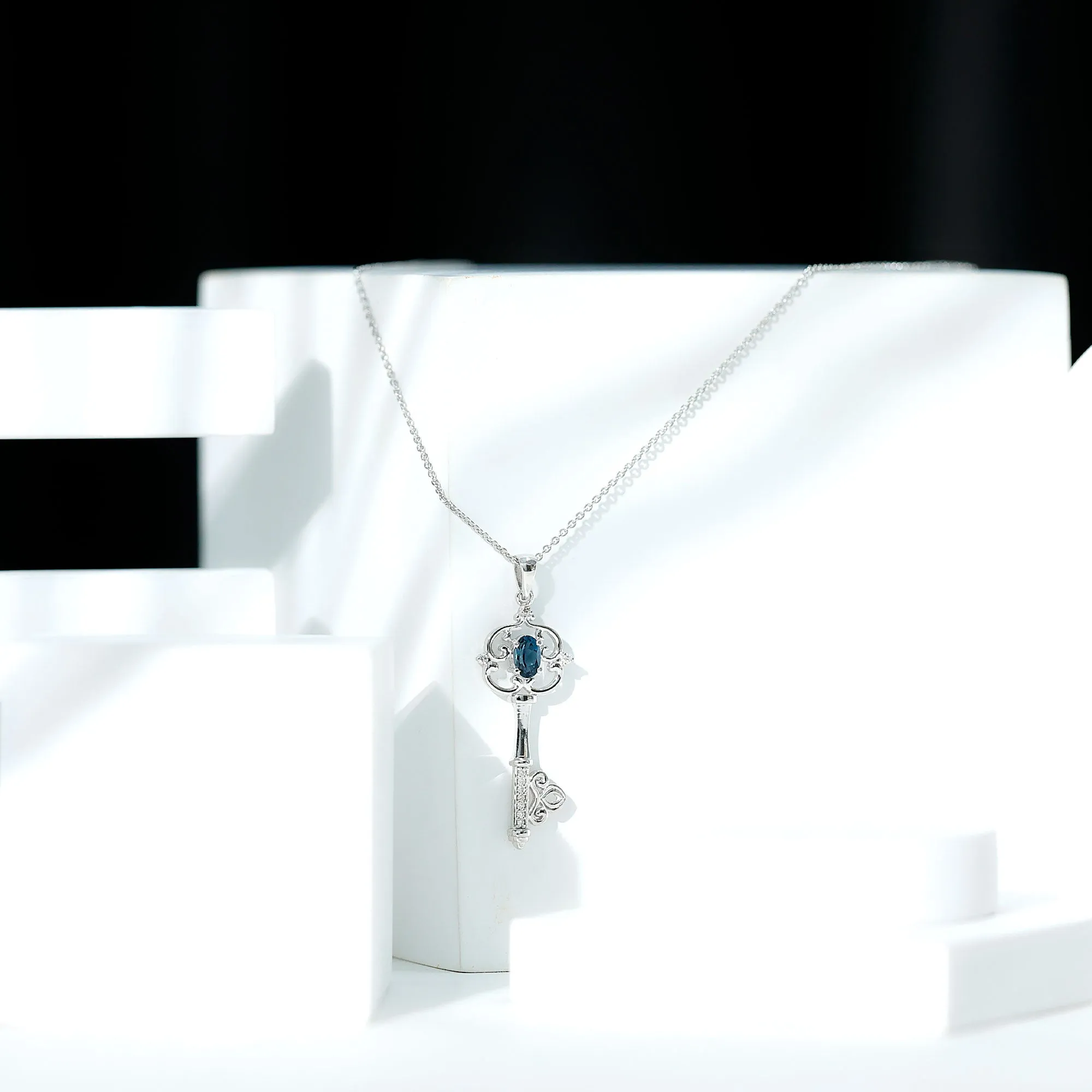 Vintage Inspired Key Pendant with Oval London Blue Topaz and Diamond