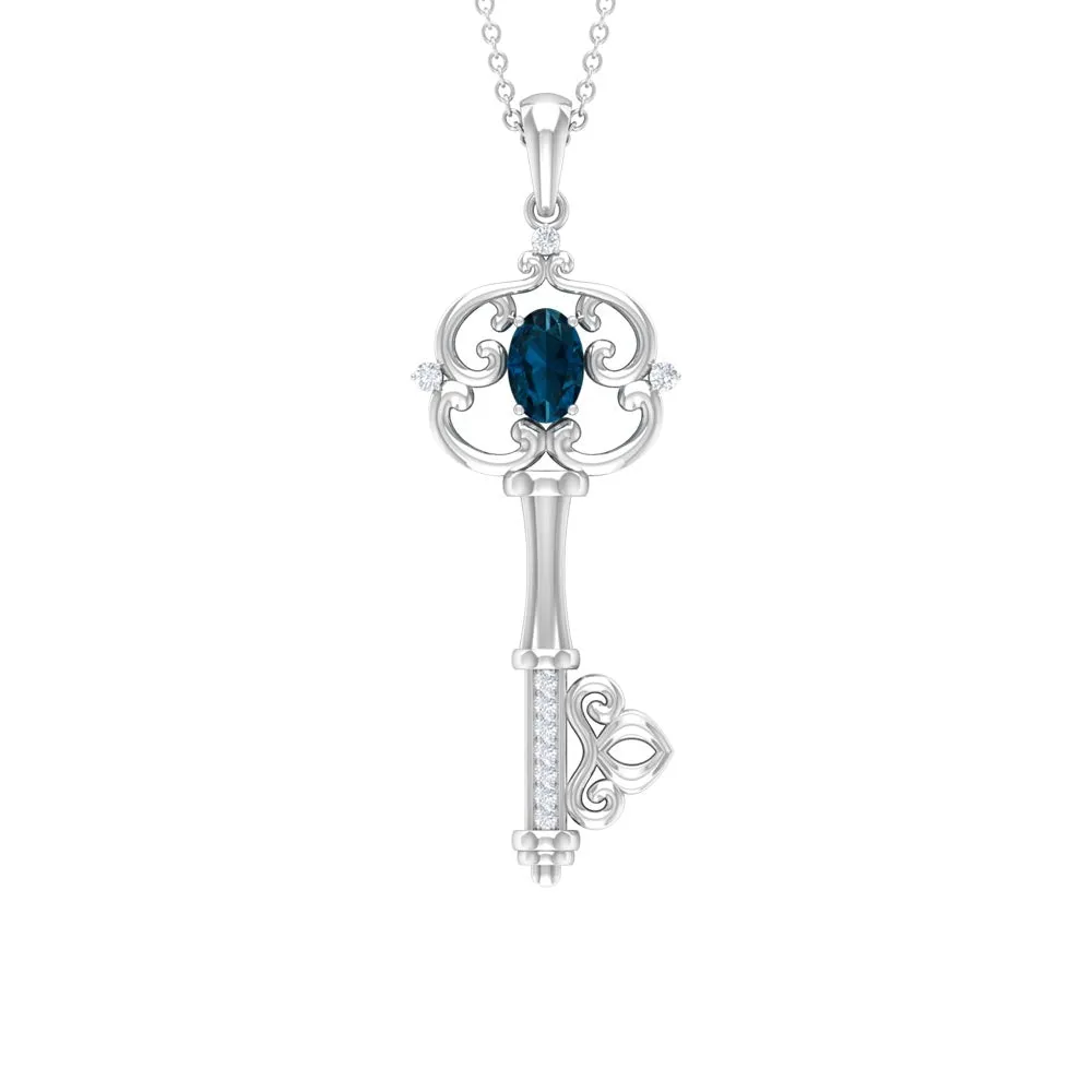Vintage Inspired Key Pendant with Oval London Blue Topaz and Diamond