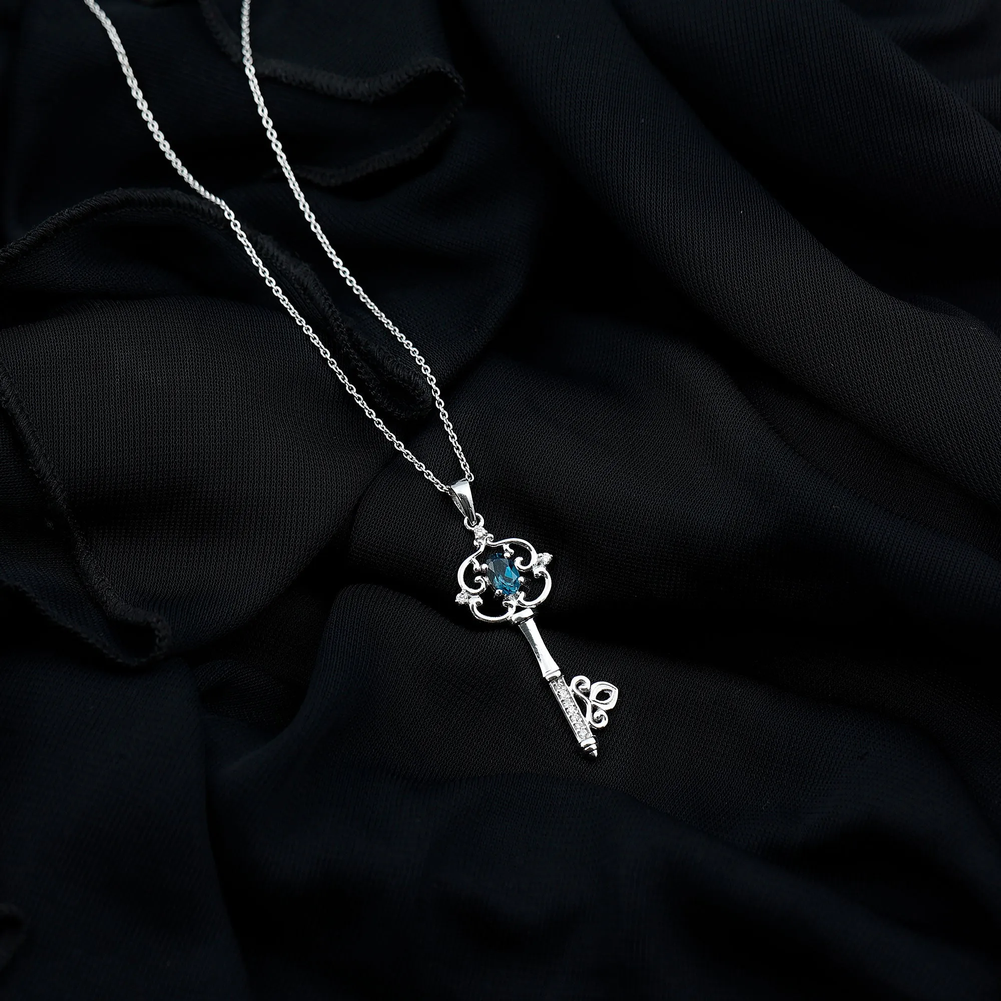 Vintage Inspired Key Pendant with Oval London Blue Topaz and Diamond