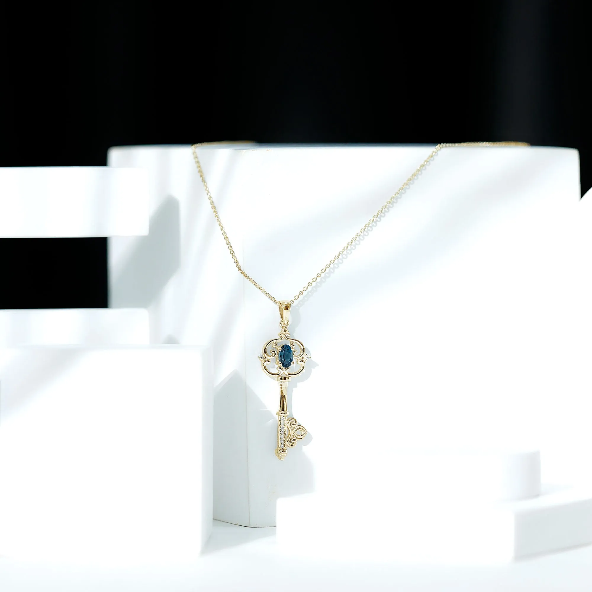Vintage Inspired Key Pendant with Oval London Blue Topaz and Diamond