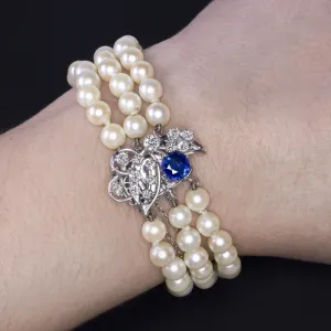 VINTAGE PEARL SAPPHIRE DIAMOND BRACELET MID CENTURY RETRO 14k WHITE GOLD BLUE